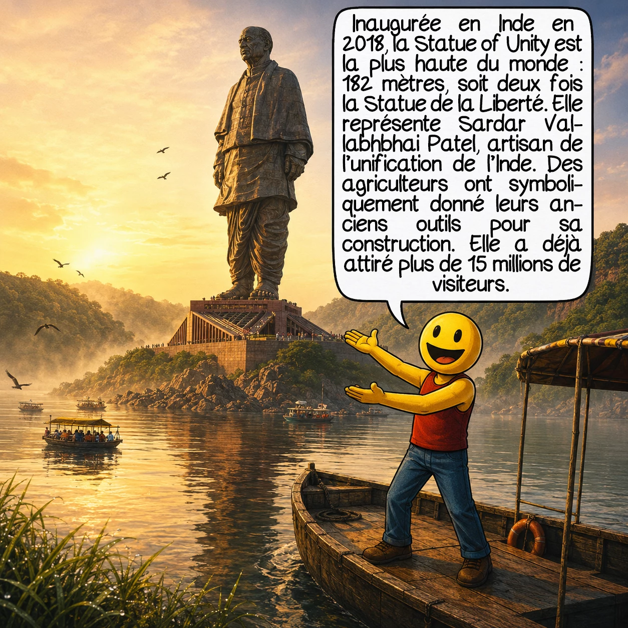 Les plus grandes structures au monde, case 4 : La plus haute statue du monde est la Statue of Unity en Inde, inaugurée en 2018 : 182 mètres sans son socle, soit le double de la Statue de la Liberté. Elle représente Sardar Vallabhbhai Patel, l’homme qui a unifié les États princiers de l’Inde après l’indépendance. Curiosité : pour collecter le métal nécessaire à sa construction, le gouvernement indien a lancé une campagne nationale demandant aux agriculteurs de donner leurs vieux outils agricoles. Des tonnes de ferraille symbolique ont ainsi été fondues dans le bronze. Elle reçoit plus de 15 millions de visiteurs depuis 2018.
