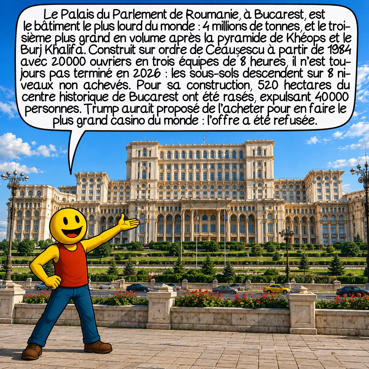 Les plus grandes structures au monde, case 5 : Le Palais du Parlement de Roumanie, à Bucarest, est le bâtiment le plus lourd du monde : 4 millions de tonnes, et le troisième plus grand en volume après la pyramide de Khéops et le Burj Khalifa. Construit sur ordre du dictateur Ceaușescu à partir de 1984 avec 20 000 ouvriers en trois équipes de 8 heures, il n’est toujours pas terminé en 2026 — les sous-sols descendent sur 8 niveaux non achevés. Pour sa construction, 520 hectares du centre historique de Bucarest ont été rasés, expulsant 40 000 personnes. Donald Trump aurait proposé de l’acheter pour en faire le plus grand casino du monde : l’offre a été refusée.
