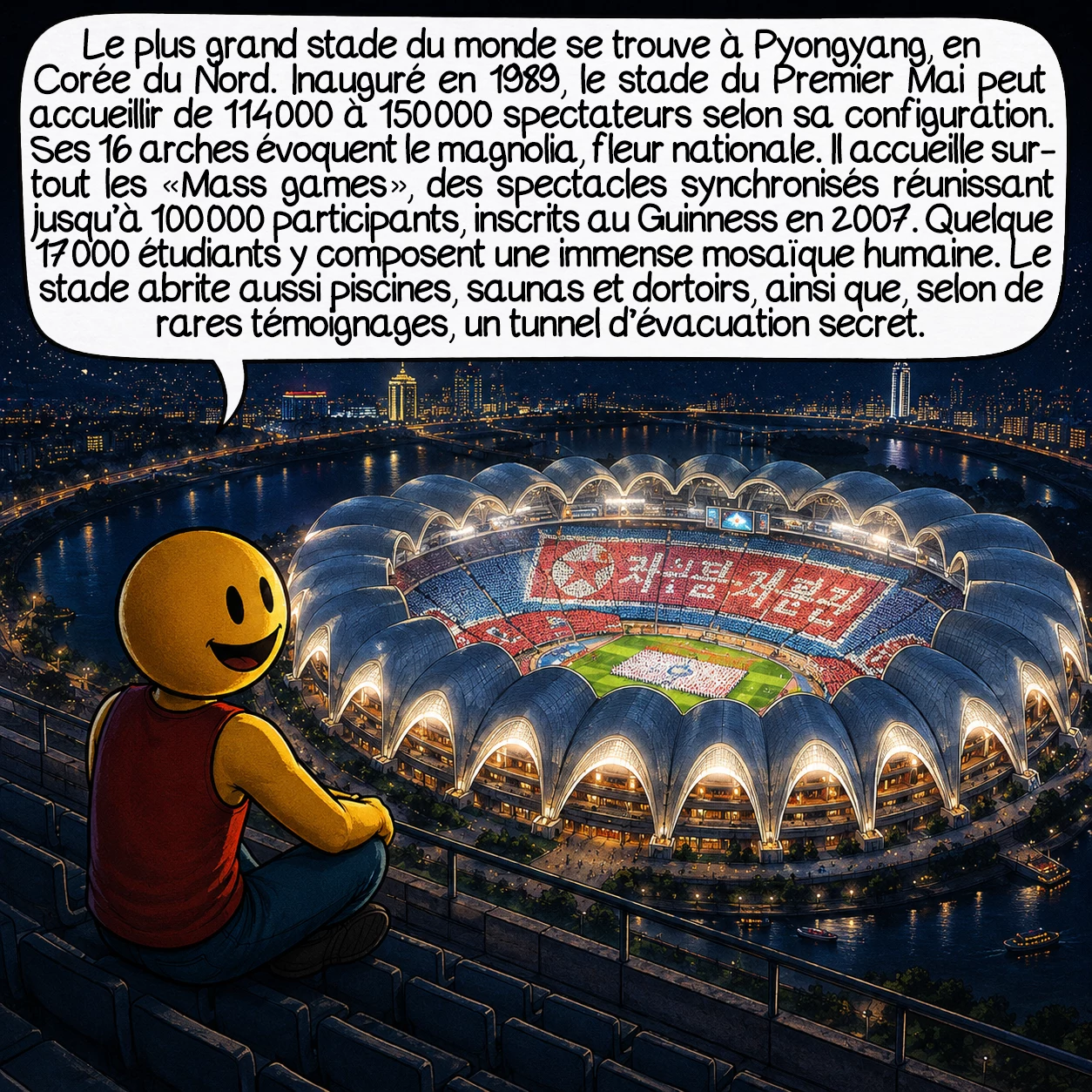 Les plus grandes structures au monde, case 6 : Le plus grand stade du monde se trouve en Corée du Nord : le stade du Premier Mai à Pyongyang, inauguré en 1989, peut accueillir 114 000 à 150 000 spectateurs selon les sources et la configuration. Ses 16 arches reproduisent la forme de la fleur nationale, le magnolia. Son principal usage n’est pas sportif : il accueille les « Mass games », des spectacles de gymnastes synchronisés impliquant 100 000 participants, inscrits au Guinness en 2007. 17 000 étudiants y forment une mosaïque humaine vivante où chaque personne est un pixel. Le stade possède aussi des piscines, des saunas et des dortoirs intégrés — et, selon des témoignages rares, un tunnel d’évacuation secret.
