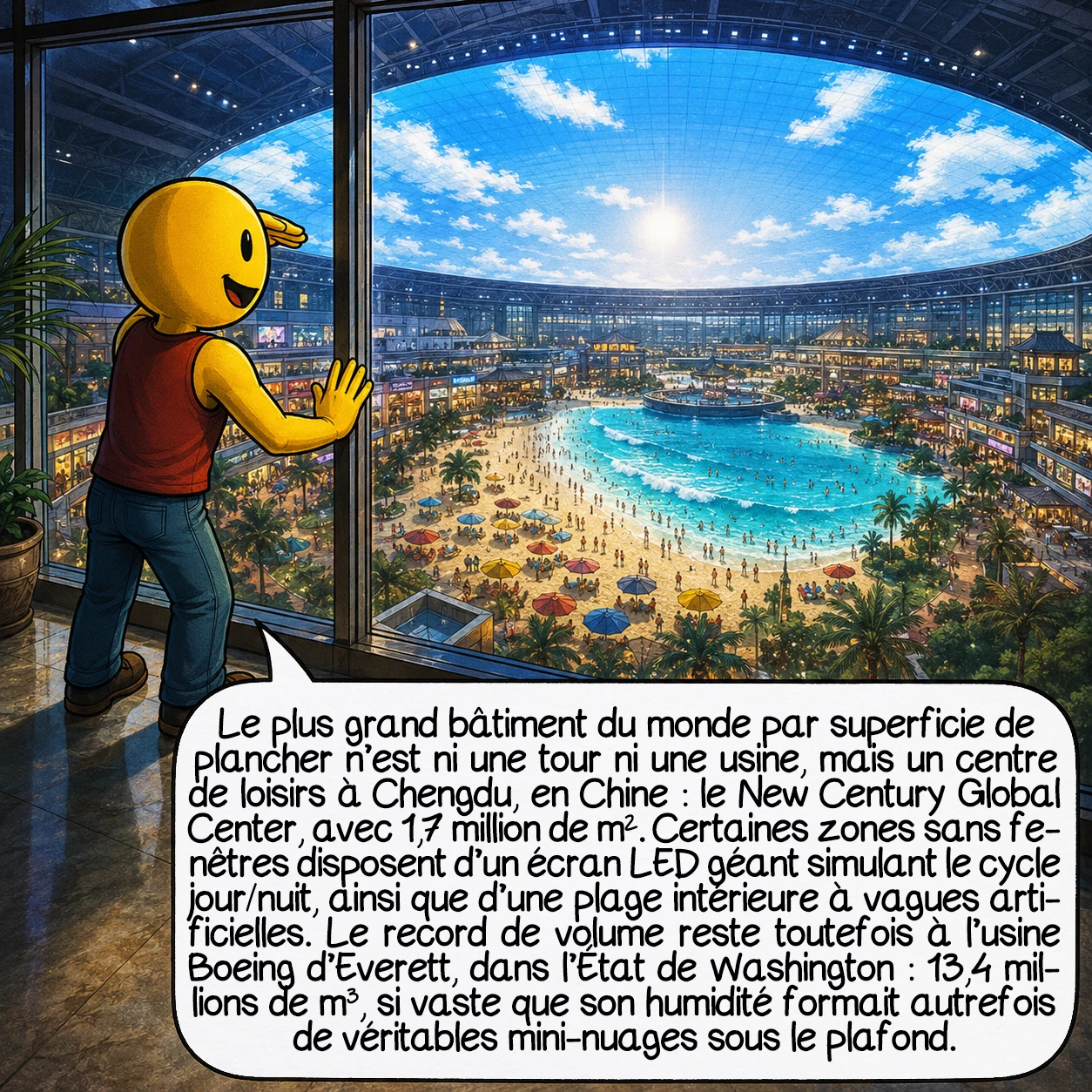 Les plus grandes structures au monde, case 7 : Le plus grand bâtiment du monde en superficie de plancher n’est ni une tour ni une usine : c’est un centre de loisirs à Chengdu, Chine — le New Century Global Center, 1,7 million de m². Comme certaines zones sont dépourvues de fenêtres, le bâtiment possède un écran LED géant simulant un ciel avec cycle jour/nuit, et une plage intérieure avec vagues artificielles. Mais le record en volume absolu reste l’usine Boeing d’Everett, Washington : 13,4 millions de m³ — si grande que sa propre humidité a créé de véritables mini-nuages sous le plafond avant l’installation d’un système de ventilation.