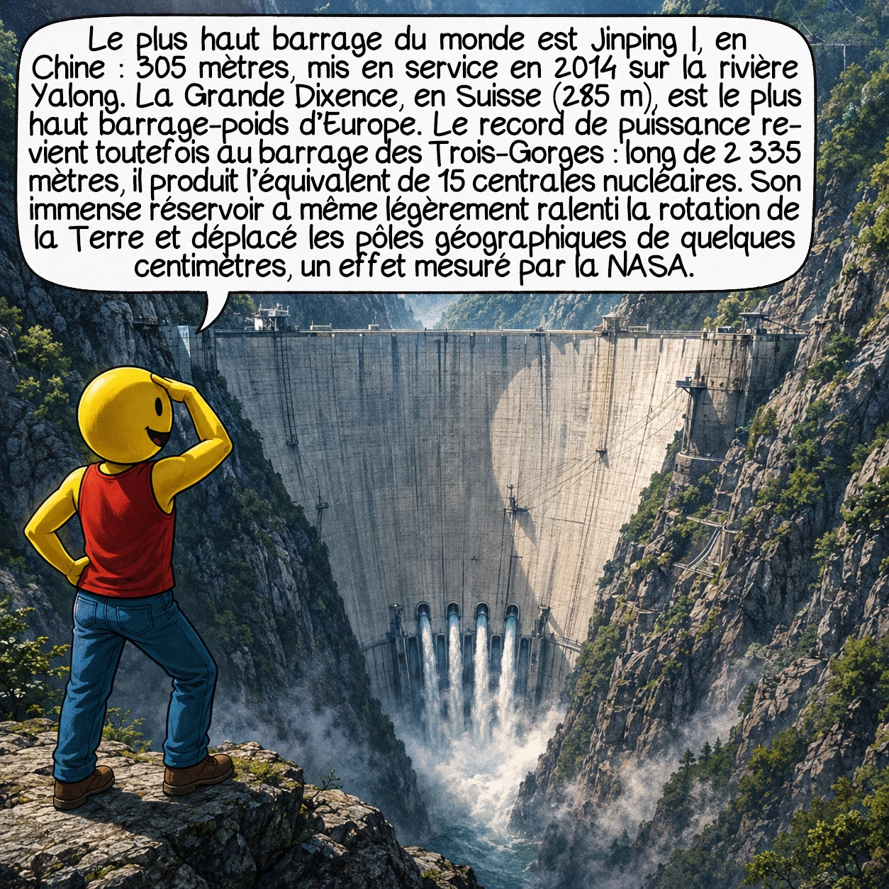 Les plus grandes structures au monde, case 8 : Le plus haut barrage du monde est le Jinping I en Chine : 305 mètres, mis en service en 2014 sur la rivière Yalong. La Grande Dixence en Suisse (285 m) est le plus haut barrage-poids d’Europe. Mais le record de puissance va au barrage des Trois-Gorges, toujours en Chine — 2 335 mètres de long, il produit l’équivalent de 15 centrales nucléaires. Son réservoir est si immense que son remplissage a légèrement ralenti la rotation de la Terre et déplacé les pôles géographiques de quelques centimètres — un effet réel, mesuré par la NASA.