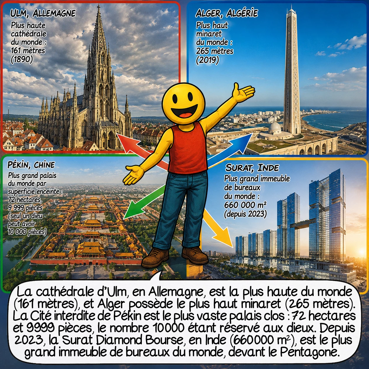 Les plus grandes structures au monde, case 9 : Quelques records insolites souvent ignorés : la plus haute cathédrale du monde est à Ulm, en Allemagne (161 mètres) — achevée en 1890 selon des plans de 1377. Le plus haut minaret est à Alger (265 mètres, 2019). La Cité interdite de Pékin est le plus grand palais du monde par superficie enceinte : 72 hectares, 9 999 pièces — car, selon la tradition, seul un dieu pouvait posséder 10 000 pièces. Depuis 2023, le Pentagone n’est plus le plus grand immeuble de bureaux du monde : il a été détrôné par la Surat Diamond Bourse en Inde, dédiée au commerce des diamants, avec 660 000 m².