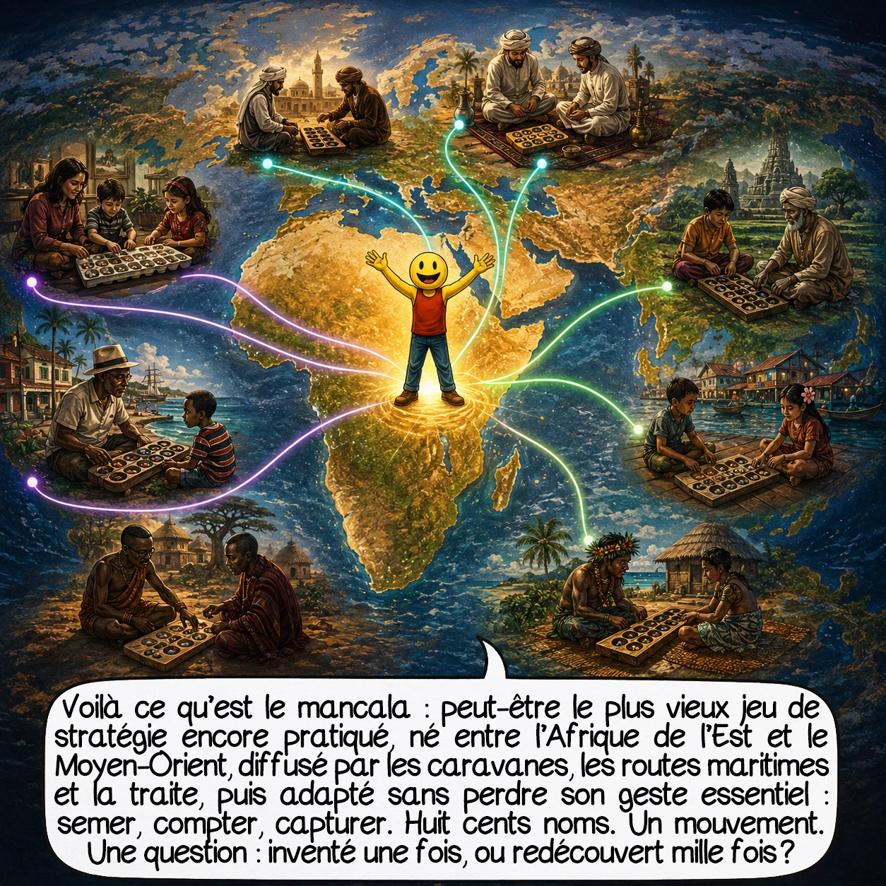 Le mancala, case 10 : Voilà ce qu’est le mancala : peut-être le plus vieux jeu de stratégie encore joué aujourd’hui, né quelque part entre l’Afrique de l’Est et le Moyen-Orient, propagé par les caravanes arabes, les routes maritimes et la tragédie de la traite, adapté par chaque culture sans jamais perdre son geste essentiel — semer, compter, capturer. Huit cents noms. Un seul mouvement. Et une question encore ouverte : a-t-il été inventé une fois, ou retrouvé mille fois ?