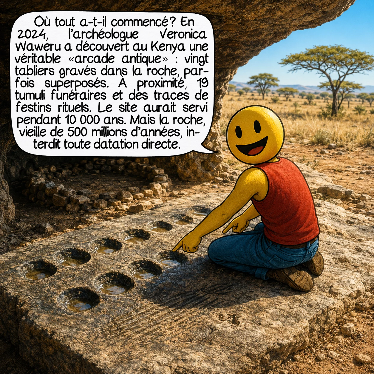 Le mancala, case 2 : Où tout a-t-il commencé ? En 2024, une archéologue de Yale, Veronica Waweru, a découvert au Kenya une véritable « arcade antique » : vingt tabliers gravés dans la roche, certains superposés à d’autres, plus anciens. À proximité : dix-neuf tumuli funéraires et des marques de festins rituels. Ce site a peut-être été utilisé pendant dix mille ans. Problème : la roche elle-même a cinq cents millions d’années — aucune datation directe n’est possible.