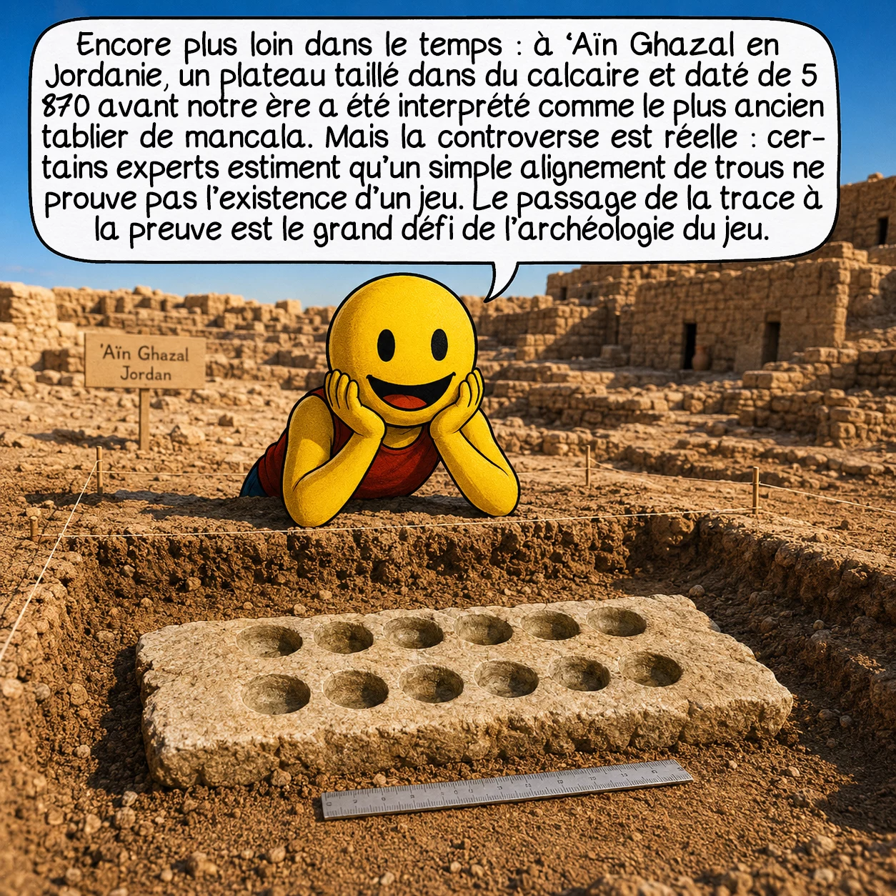 Le mancala, case 3 : Encore plus loin dans le temps : à « Aïn Ghazal en Jordanie, un plateau taillé dans du calcaire et daté de 5 870 avant notre ère a été interprété comme le plus ancien tablier de mancala. Mais la controverse est réelle — certains experts estiment qu’un simple alignement de trous ne prouve pas l’existence d’un jeu. Le passage de la trace à la preuve est le grand défi de l’archéologie du jeu.