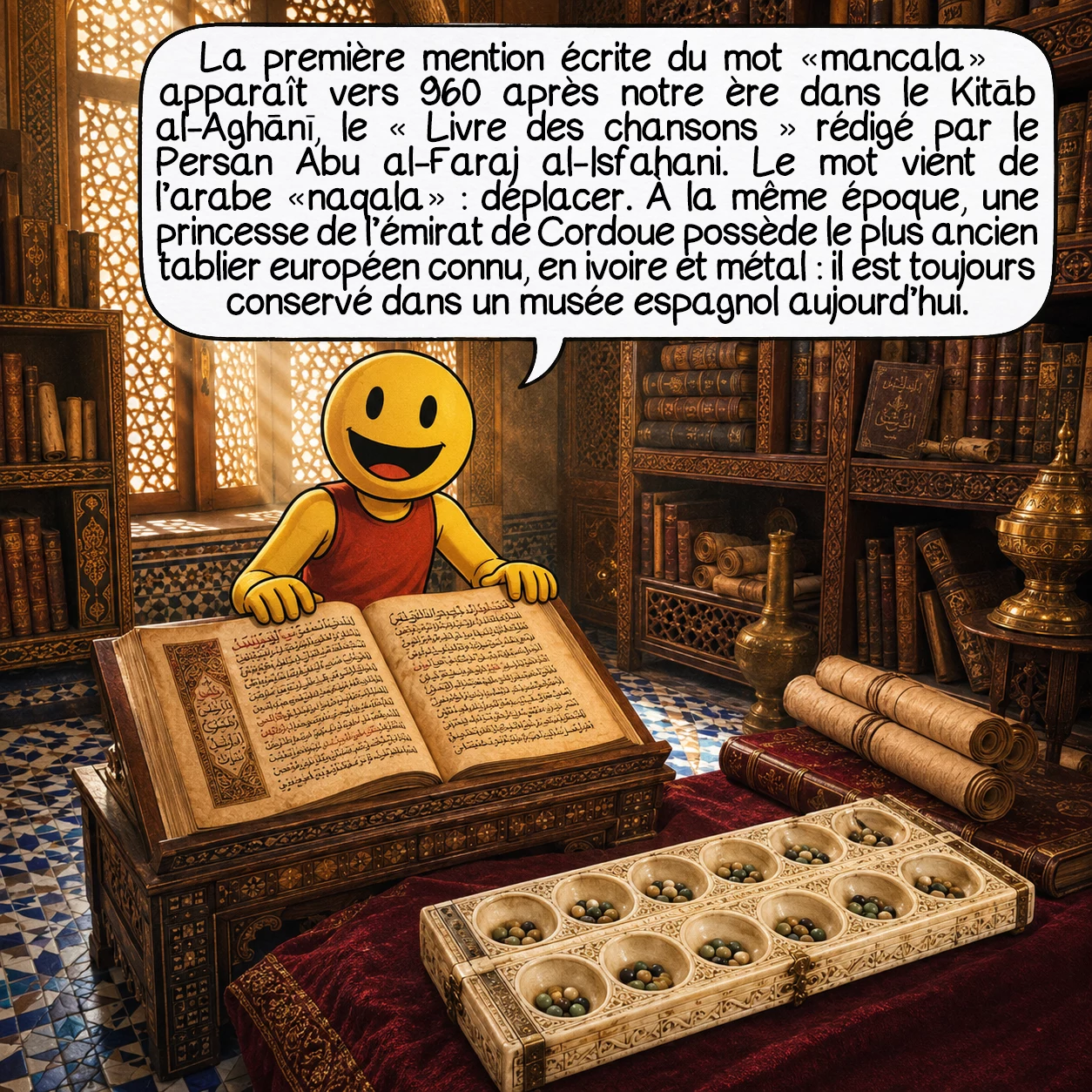 Le mancala, case 4 : La première mention écrite du mot « mancala » apparaît vers 960 après notre ère dans le Kitāb al-Aghānī — le Livre des Chansons — rédigé par le Persan Abu al-Faraj al-Isfahani. Le mot vient de l’arabe « naqala » : déplacer. À la même époque, une princesse de l’émirat de Cordoue possède le plus ancien tablier européen connu, en ivoire et métal — il est toujours conservé dans un musée espagnol aujourd’hui.