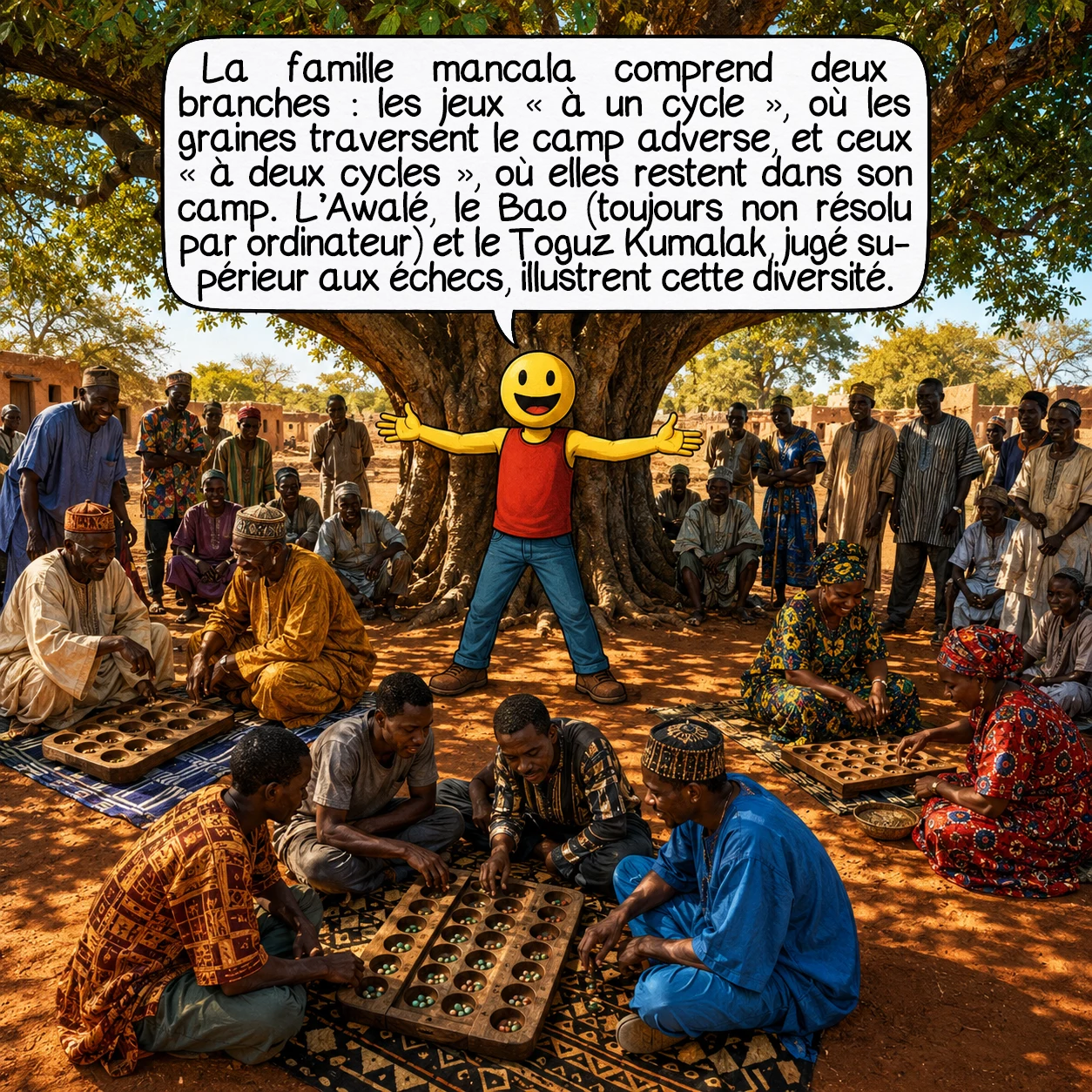 Le mancala, case 5 : La famille mancala se divise en deux grandes branches : les jeux « à un cycle », où les graines traversent le camp adverse, et les jeux « à deux cycles », où elles restent dans son propre camp sur quatre rangées. L’Awalé d’Afrique de l’Ouest, le Bao d’Afrique de l’Est — sur un plateau 4×8 non encore résolu par les ordinateurs — et le Toguz Kumalak d’Asie centrale, considéré là-bas supérieur aux échecs, illustrent cette diversité.