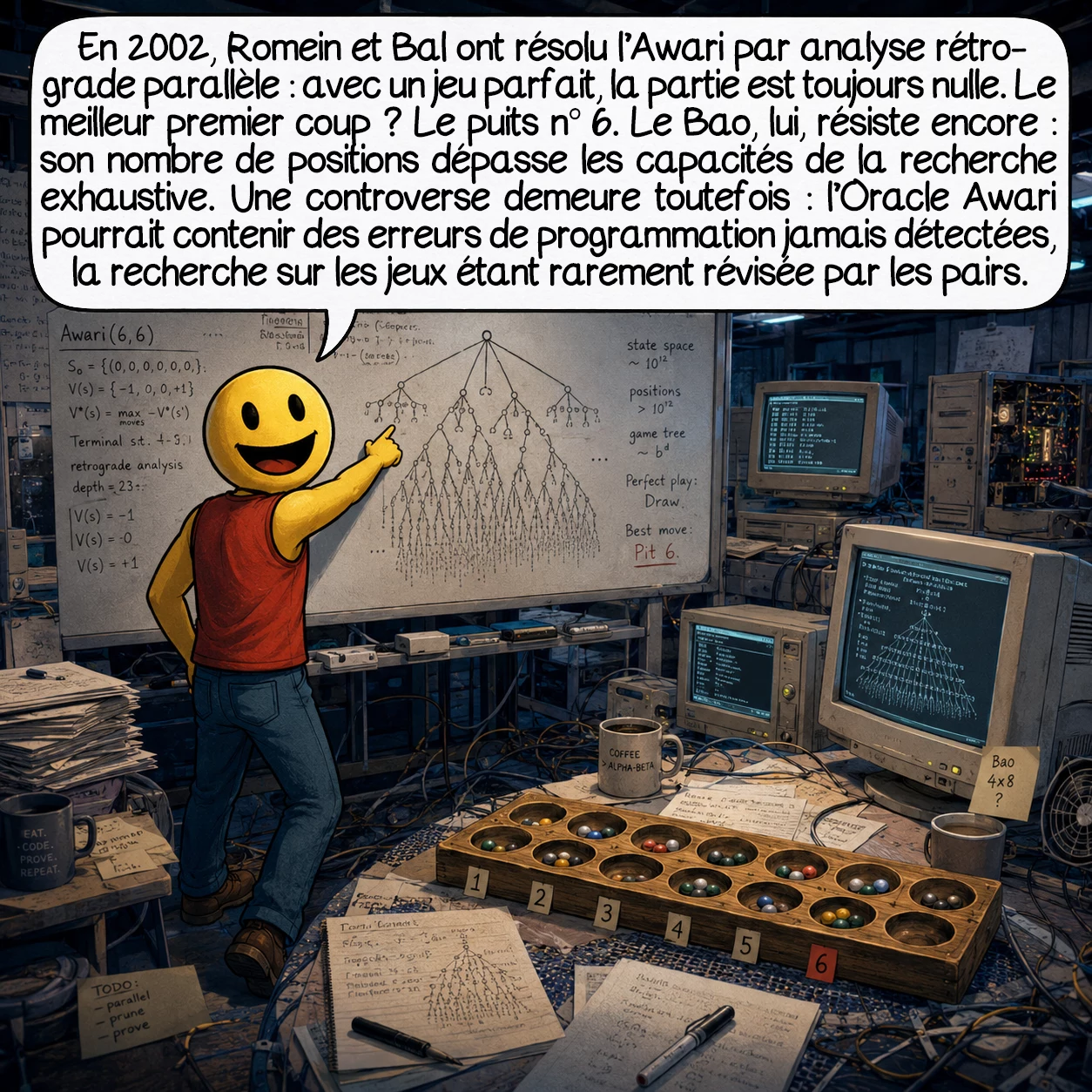 Le mancala, case 7 : En 2002, Romein et Bal ont résolu l’Awari par analyse rétrograde parallèle : avec un jeu parfait des deux côtés, la partie est toujours nulle. Le premier coup optimal ? Le puits n° 6. Mais le Bao, lui, résiste encore — son espace de positions dépasse tout ce que la recherche exhaustive peut traiter. Et une controverse subsiste : l’Oracle Awari pourrait contenir des erreurs de programmation jamais détectées, car la recherche sur les jeux échappe souvent à toute révision par les pairs.