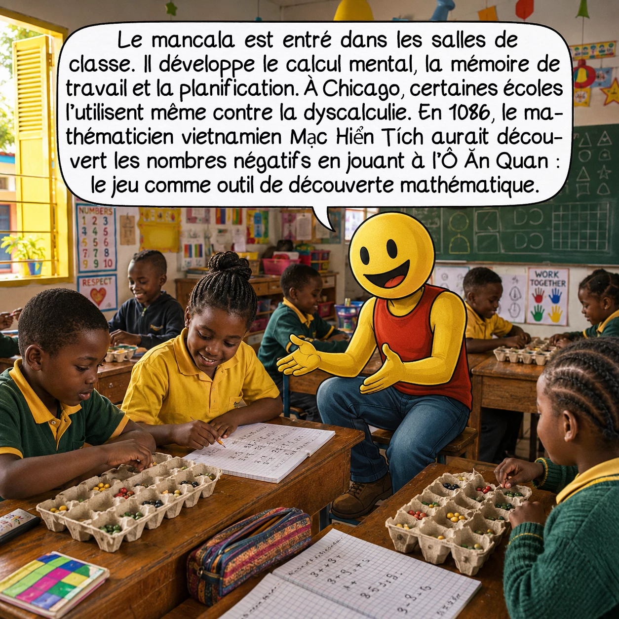 Le mancala, case 8 : Le mancala est entré dans les salles de classe. Des études montrent qu’il développe le calcul mental, la mémoire de travail et la planification — ce que les anciens d’Afrique savaient intuitivement. Certaines écoles américaines de Chicago l’utilisent pour traiter la dyscalculie. Plus surprenant encore : en 1086, le mathématicien vietnamien Mạc Hiển Tích a découvert les nombres négatifs en jouant à l’Ô Ăn Quan, une variante locale — le jeu comme outil de découverte mathématique.