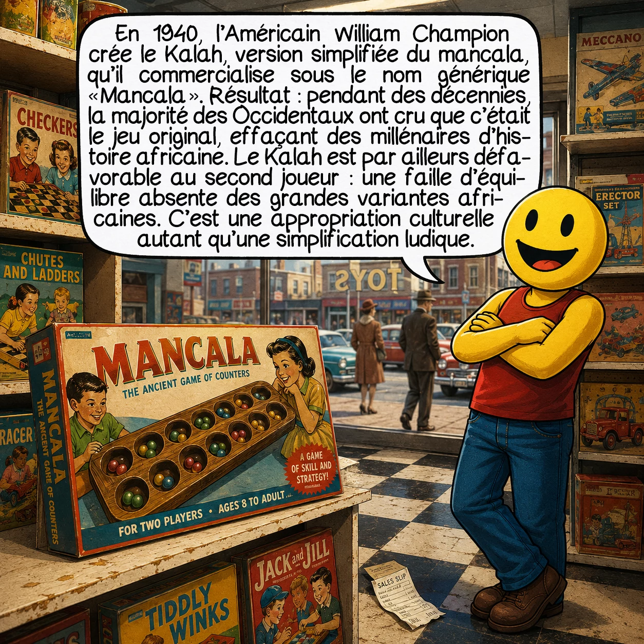 Le mancala, case 9 : En 1940, l’Américain William Champion crée le Kalah, version simplifiée du mancala, qu’il commercialise sous le nom générique « Mancala ». Résultat : pendant des décennies, la majorité des Occidentaux ont cru que c’était le jeu original, effaçant des millénaires d’histoire africaine. Le Kalah est par ailleurs défavorable au second joueur — une faille d’équilibre absente des grandes variantes africaines. C’est une appropriation culturelle autant qu’une simplification ludique.