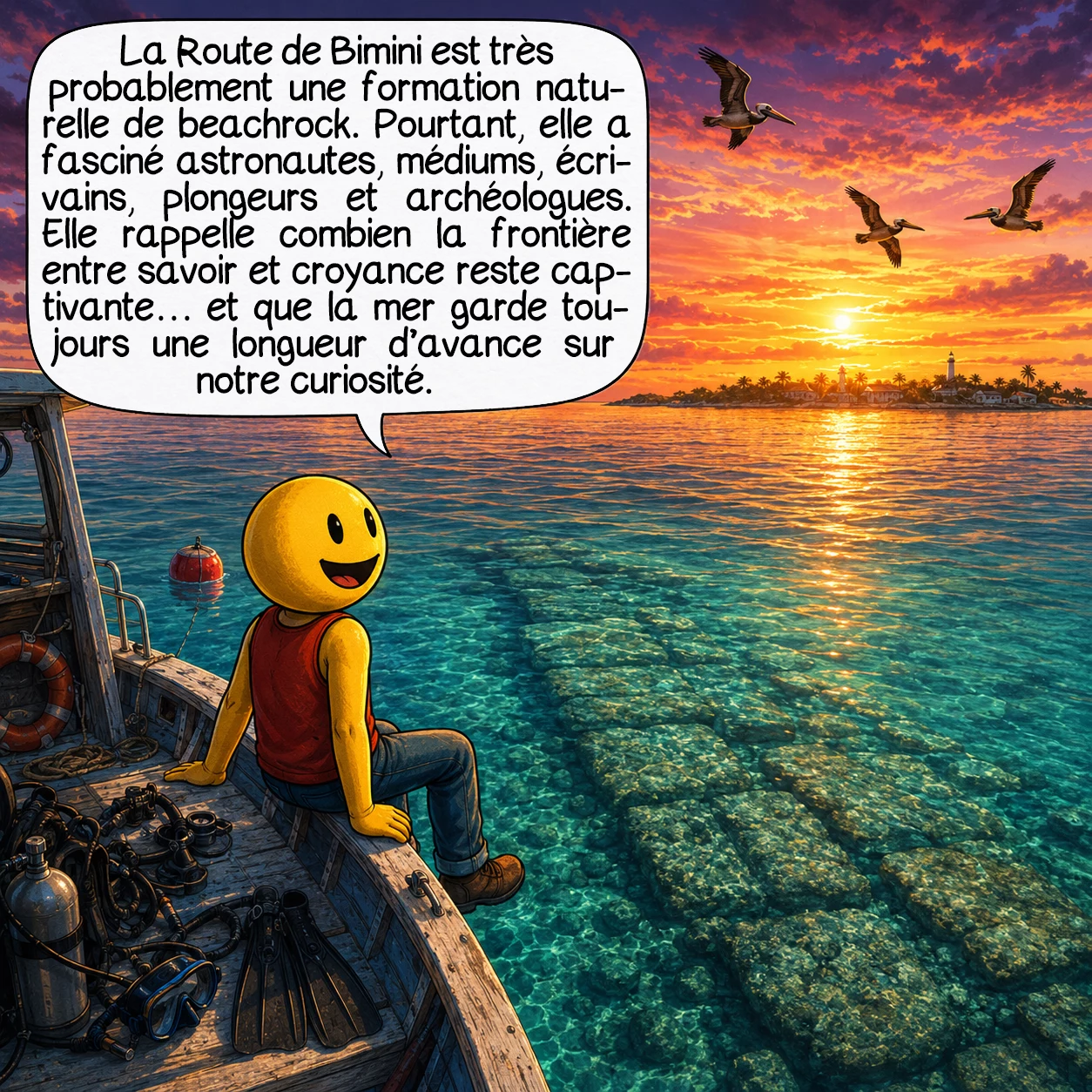 La route de Bimini, case 10 : La Route de Bimini est, très probablement, une formation naturelle de beachrock — la science est claire là-dessus. Mais elle reste l’une des rares énigmes géologiques à avoir mobilisé des astronautes, des médiums, des prix Nobel de littérature, des plongeurs légendaires et des archéologues du monde entier. Elle nous rappelle que la frontière entre ce que l’on sait et ce que l’on désire croire est toujours la plus fascinante à explorer. Et que la mer garde toujours une longueur d’avance sur notre curiosité.