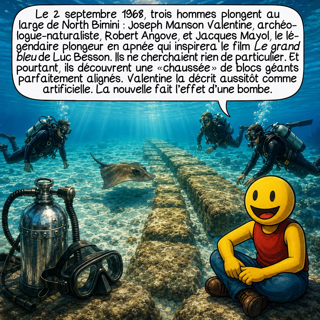 La route de Bimini, case 2 : Le 2 septembre 1968, trois hommes plongent au large de North Bimini : Joseph Manson Valentine, archéologue-naturaliste, Robert Angove, et Jacques Mayol — le légendaire plongeur en apnée qui inspirera le film Le Grand Bleu de Luc Besson. Ils ne cherchaient rien de particulier. Et pourtant, ils découvrent une « chaussée » de blocs géants parfaitement alignés. Valentine la décrit aussitôt comme artificielle. La nouvelle fait l’effet d’une bombe.