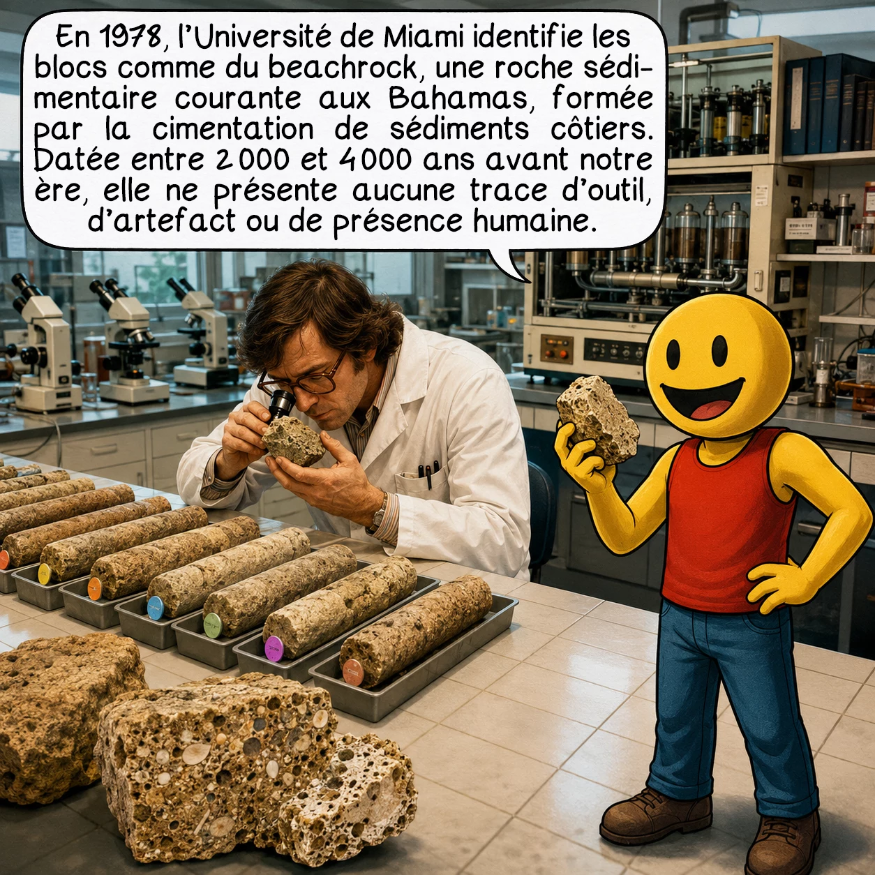 La route de Bimini, case 5 : En 1978, l’Université de Miami analyse des carottes prélevées dans les blocs. Verdict : il s’agit de beachrock — une roche sédimentaire commune aux Bahamas, formée lorsque des sédiments côtiers sont cimentés par l’eau de mer chargée en calcaire. La datation au radiocarbone place sa formation entre 2 000 et 4 000 ans avant notre ère. Aucune marque d’outil, aucun artefact, aucun vestige humain n’a jamais été trouvé sur le site.