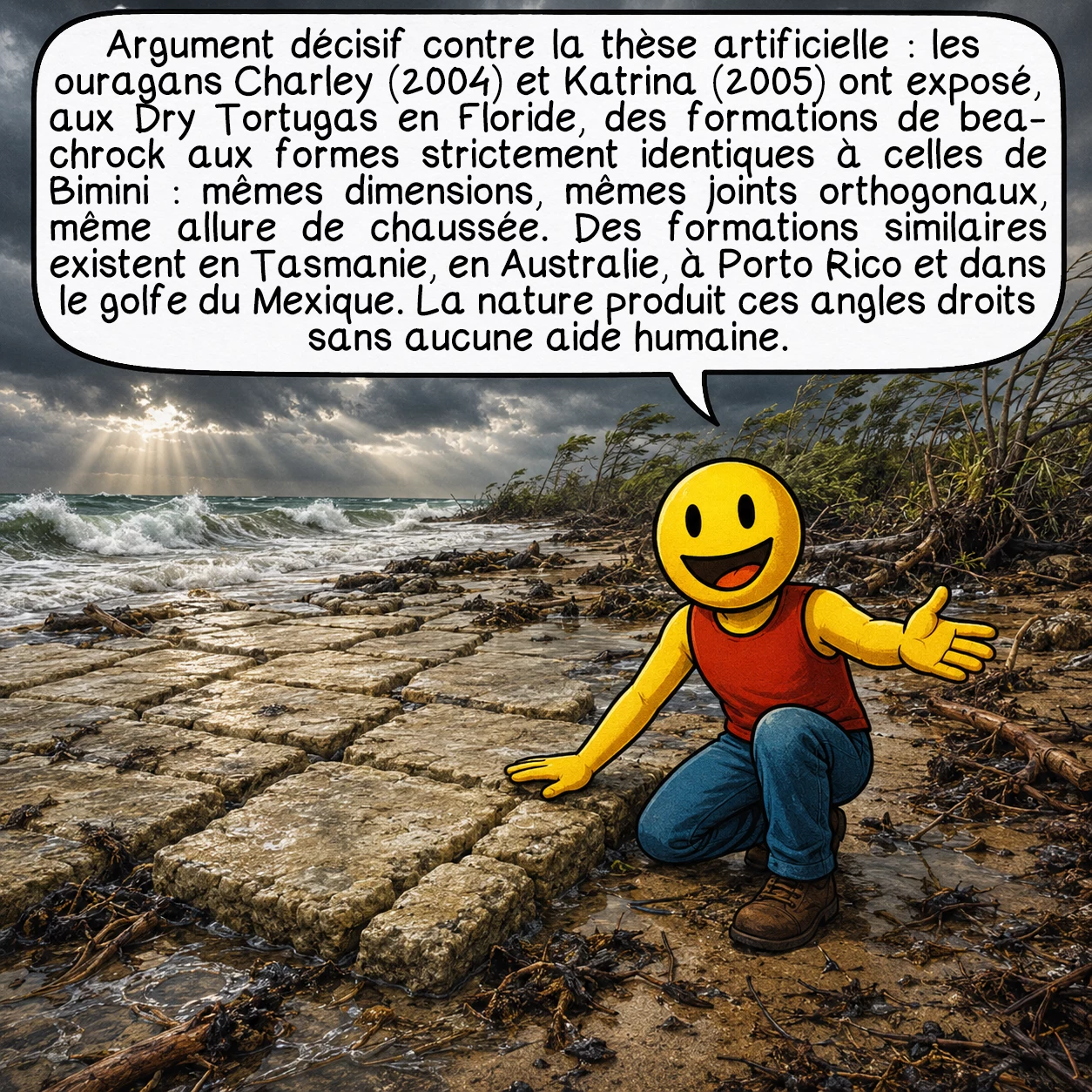 La route de Bimini, case 6 : Argument décisif contre la thèse artificielle : les ouragans Charley (2004) et Katrina (2005) ont exposé, aux Dry Tortugas en Floride, des formations de beachrock aux formes strictement identiques à celles de Bimini — mêmes dimensions, mêmes joints orthogonaux, même allure de chaussée. Des formations similaires existent en Tasmanie, en Australie, à Porto Rico et dans le golfe du Mexique. La nature produit ces angles droits sans aucune aide humaine.