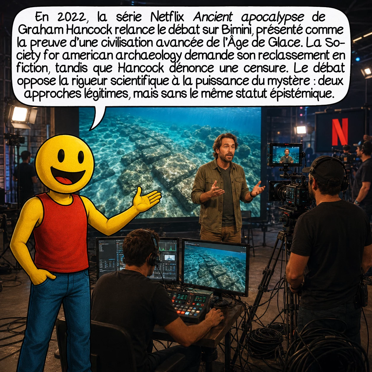 La route de Bimini, case 9 : En 2022, la série Netflix « Ancient Apocalypse » de Graham Hancock relance le débat mondial sur Bimini, présentant la formation comme preuve d’une civilisation avancée de l’Âge de Glace. La Society for American Archaeology demande officiellement à Netflix de reclasser la série comme fiction. Hancock répond en accusant les archéologues de censure. Le débat révèle une tension réelle : d’un côté, la rigueur scientifique qui exige des preuves ; de l’autre, la séduction du mystère qui capte des millions de spectateurs. Les deux ont leur légitimité — mais pas le même statut épistémique.