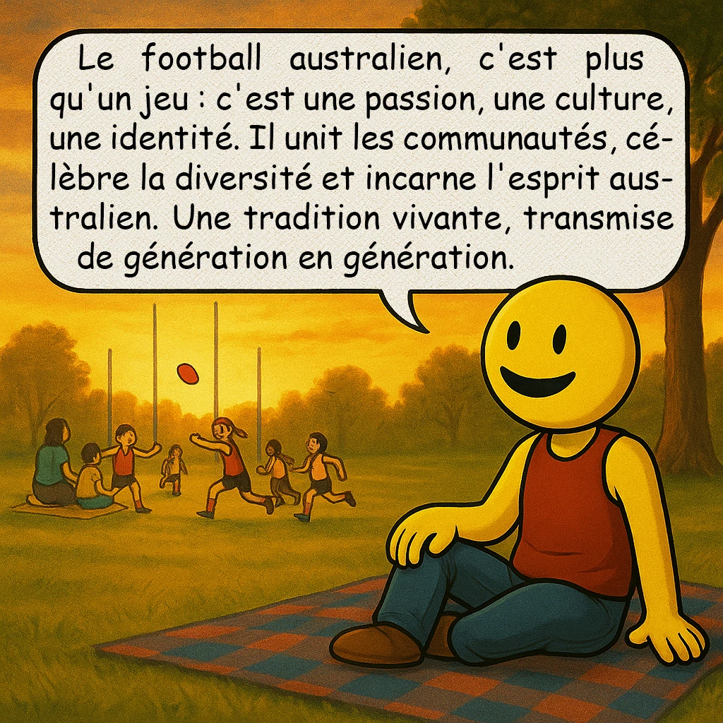 Le football australien, case 10 : Le football australien, c'est plus qu'un jeu : c'est une passion, une culture, une identité. Il unit les communautés, célèbre la diversité et incarne l'esprit australien. Une tradition vivante, transmise de génération en génération.