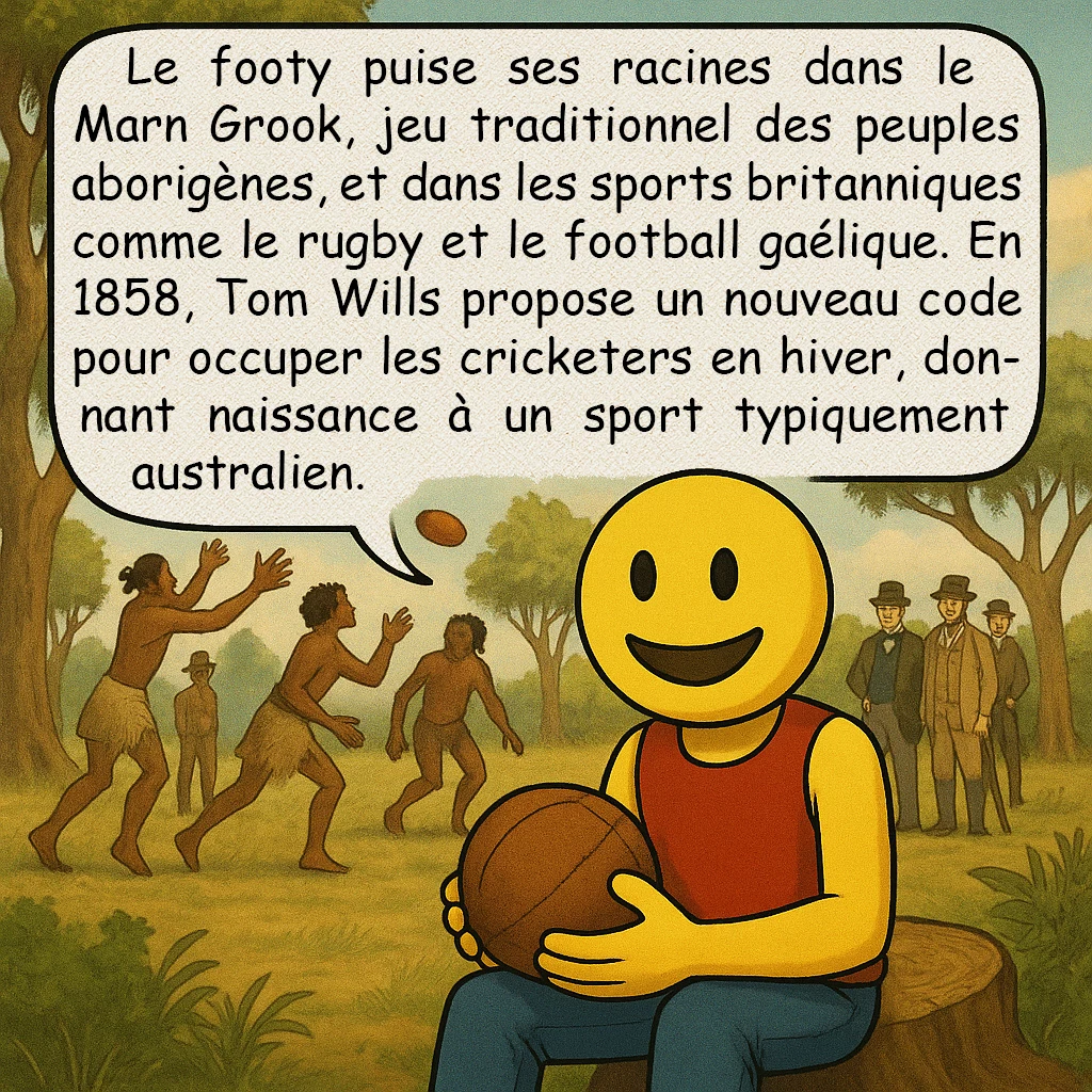 Le football australien, case 2 : Le footy puise ses racines dans le Marn Grook, jeu traditionnel des peuples aborigènes, et dans les sports britanniques comme le rugby et le football gaélique. En 1858, Tom Wills propose un nouveau code pour occuper les cricketers en hiver, donnant naissance à un sport typiquement australien