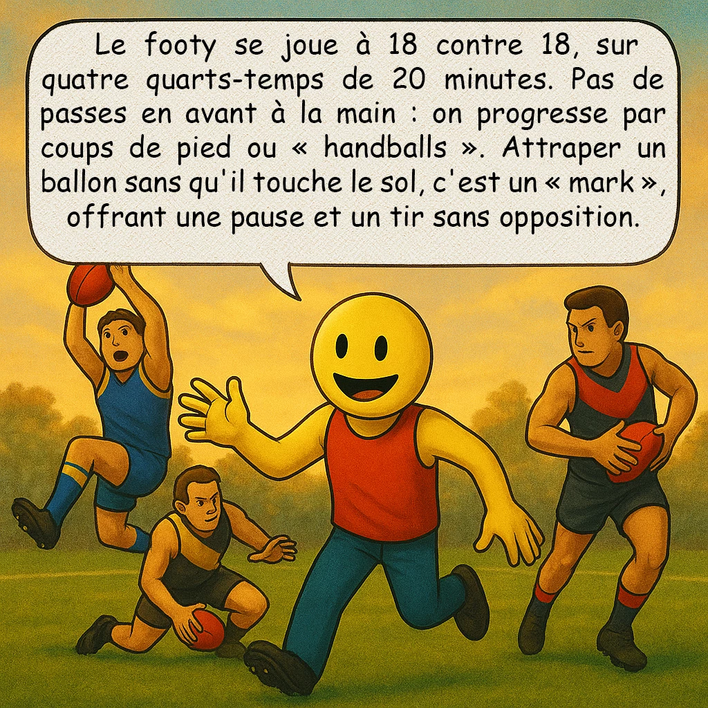 Le football australien, case 4 : Le footy se joue à 18 contre 18, sur quatre quarts-temps de 20 minutes. Pas de passes en avant à la main : on progresse par coups de pied ou « handballs ». Attraper un ballon sans qu'il touche le sol, c'est un « mark », offrant une pause et un tir sans opposition.