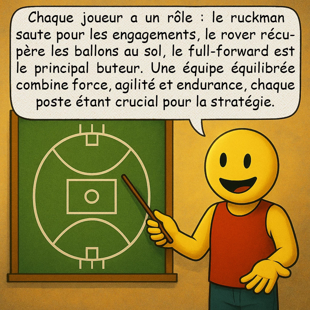 Le football australien, case 5 : Chaque joueur a un rôle : le ruckman saute pour les engagements, le rover récupère les ballons au sol, le full-forward est le principal buteur. Une équipe équilibrée combine force, agilité et endurance, chaque poste étant crucial pour la stratégie.