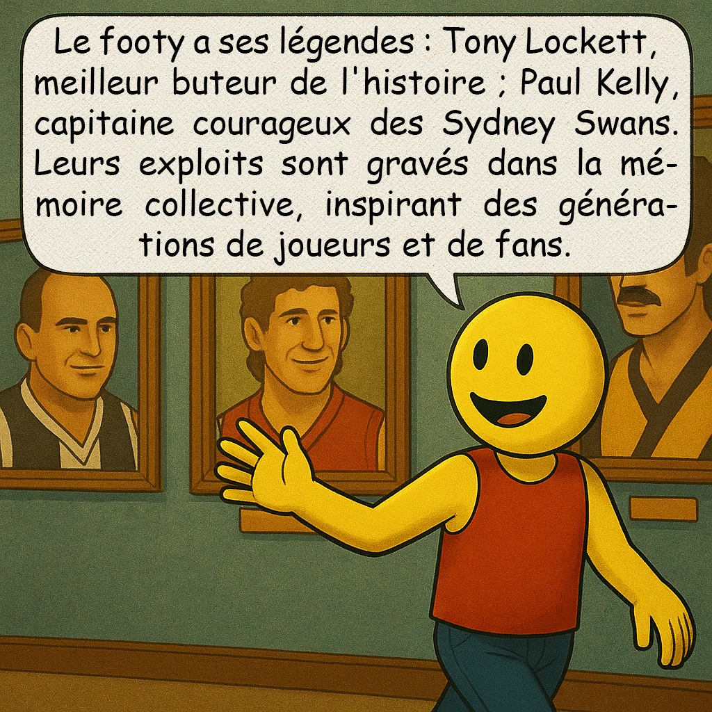 Le football australien, case 6 : Le footy a ses légendes : Tony Lockett, meilleur buteur de l'histoire ; Paul Kelly, capitaine courageux des Sydney Swans. Leurs exploits sont gravés dans la mémoire collective, inspirant des générations de joueurs et de fans.