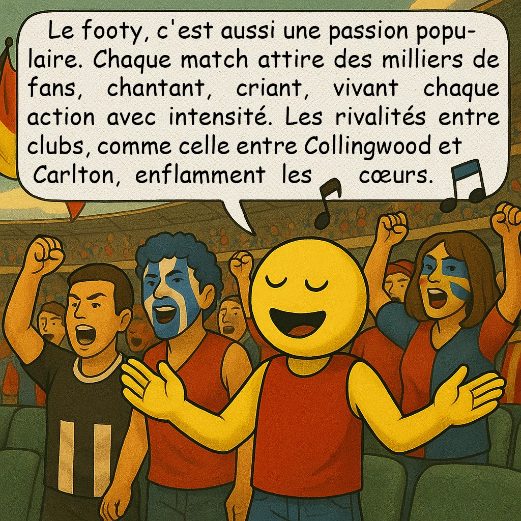 Le football australien, case 7 : Le footy, c'est aussi une passion populaire. Chaque match attire des milliers de fans, chantant, criant, vivant chaque action avec intensité. Les rivalités entre clubs, comme celle entre Collingwood et Carlton, enflamment les cœurs.