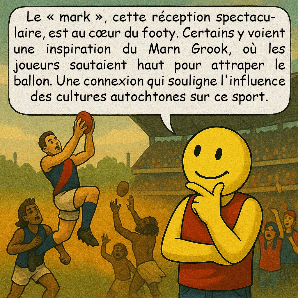 Le football australien, case 8 : Le « mark », cette réception spectaculaire, est au cœur du footy. Certains y voient une inspiration du Marn Grook, où les joueurs sautaient haut pour attraper le ballon. Une connexion qui souligne l'influence des cultures autochtones sur ce sport.