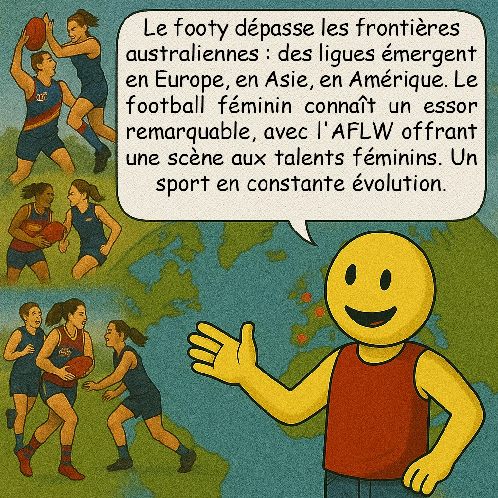 Le football australien, case 9 : Le footy dépasse les frontières australiennes : des ligues émergent en Europe, en Asie, en Amérique. Le football féminin connaît un essor remarquable, avec l'AFLW offrant une scène aux talents féminins. Un sport en constante évolution.