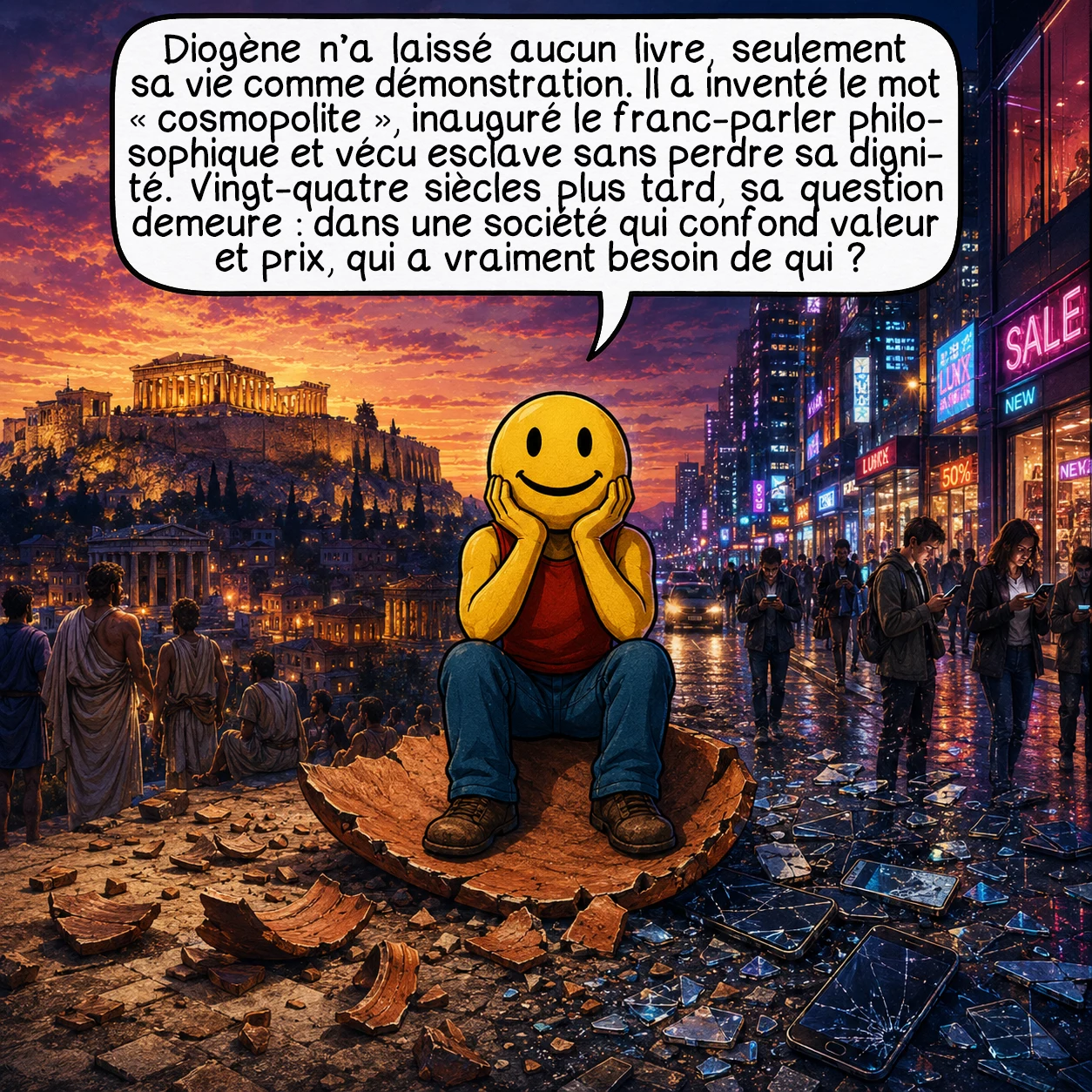 Diogène de Sinope, case 10 : Diogène n’a laissé aucun livre — seulement sa vie comme démonstration. Il a inventé le mot « cosmopolite », inauguré le franc-parler philosophique, vécu esclave sans perdre sa dignité. Vingt-quatre siècles plus tard, son message tient en une question que chaque époque retrouve : dans une société qui confond valeur et prix, qui a vraiment besoin de qui pour vivre ?