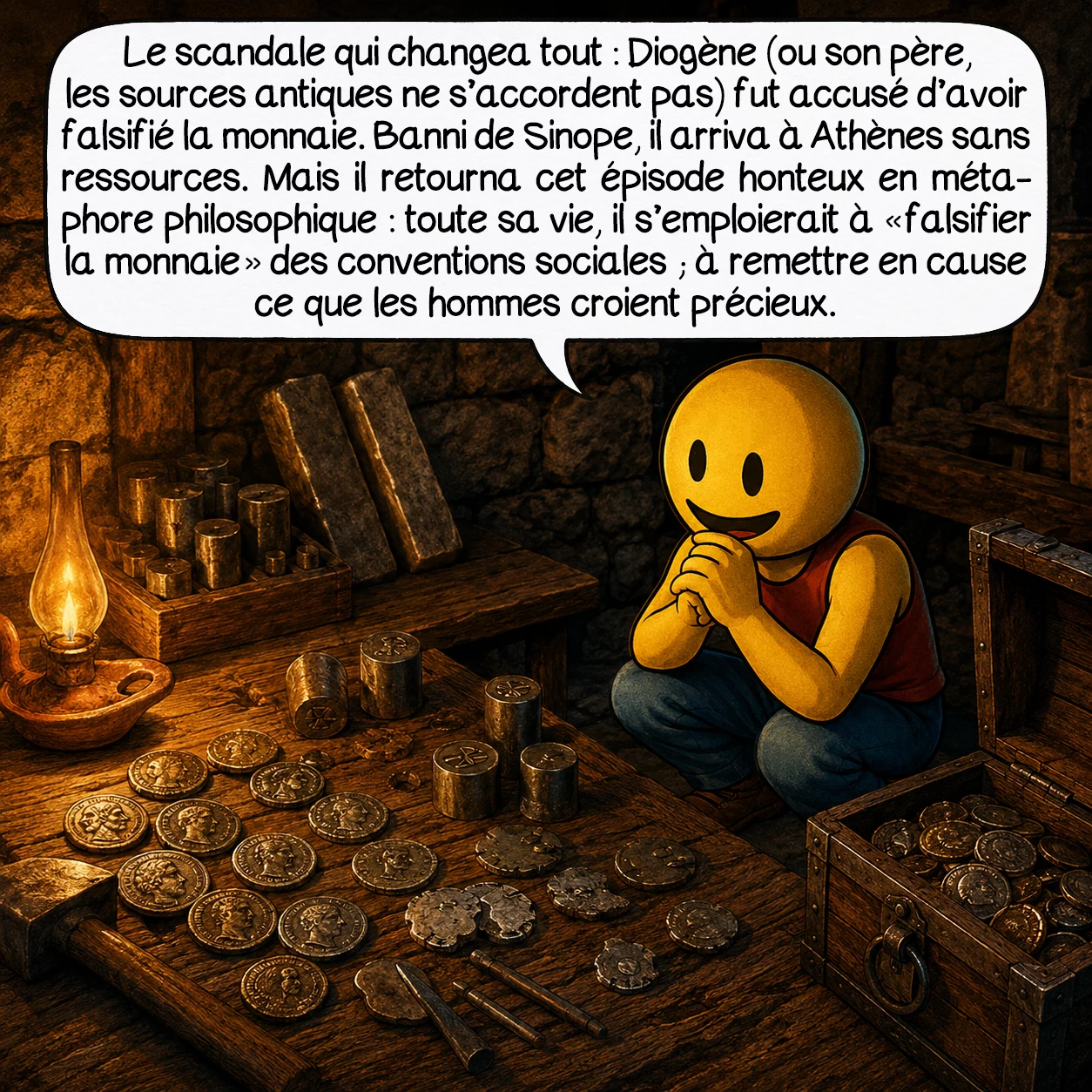 Diogène de Sinope, case 2 : Le scandale qui changea tout : Diogène — ou son père, les sources antiques ne s’accordent pas — fut accusé d’avoir falsifié la monnaie. Banni de Sinope, il arriva à Athènes sans ressources. Mais il retourna cet épisode honteux en métaphore philosophique : toute sa vie, il s’emploierait à « falsifier la monnaie » des conventions sociales — à remettre en cause ce que les hommes croient précieux.