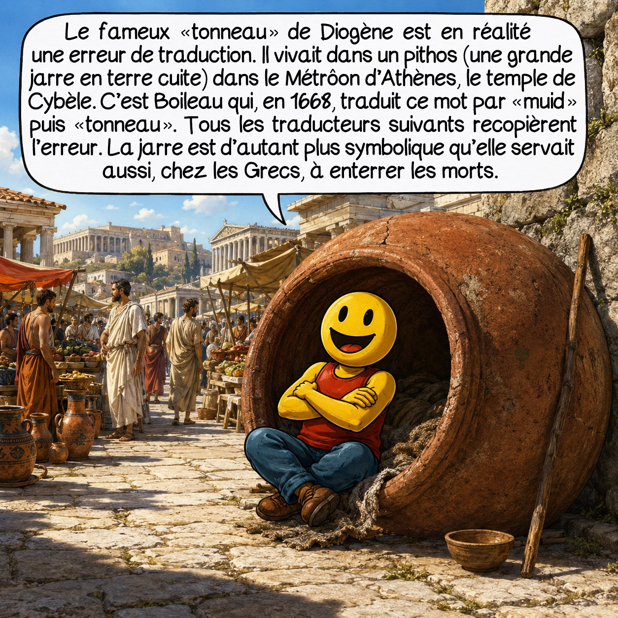 Diogène de Sinope, case 4 : Le fameux « tonneau » de Diogène est en réalité une erreur de traduction. Il vivait dans un pithos — une grande jarre en terre cuite — dans le Métrôon d’Athènes, le temple de Cybèle. C’est Boileau qui, en 1668, traduit ce mot par « muid » puis « tonneau ». Tous les traducteurs suivants recopièrent l’erreur. La jarre est d’autant plus symbolique qu’elle servait aussi, chez les Grecs, à enterrer les morts.