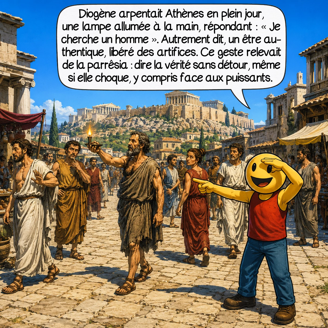 Diogène de Sinope, case 5 : Diogène arpentait Athènes en plein jour avec une lampe allumée, répondant à ceux qui l’interrogeaient : « Je cherche un homme. » Sous-entendu : un être humain authentique, libéré de l’artifice. Ce geste n’était pas une blague — c’est un acte philosophique qu’on appelle la parrêsia : le franc-parler absolu, la vérité dite sans fard, même si elle choque, même face aux puissants.