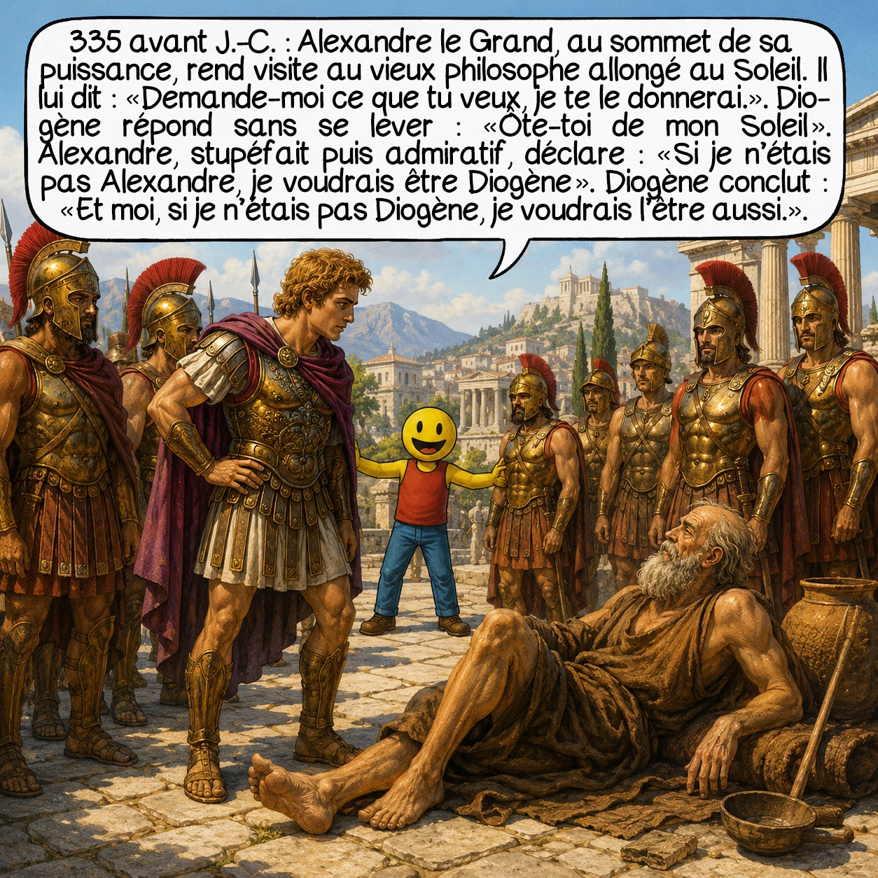 Diogène de Sinope, case 6 : 335 avant J.-C. : Alexandre le Grand, au sommet de sa puissance, rend visite au vieux philosophe allongé au soleil. Il lui dit : « Demande-moi ce que tu veux, je te le donnerai. » Diogène répond sans se lever : « Ôte-toi de mon soleil. » Alexandre, stupéfait puis admiratif, déclare : « Si je n’étais pas Alexandre, je voudrais être Diogène. » Diogène conclut : « Et moi, si je n’étais pas Diogène, je voudrais l’être aussi. »