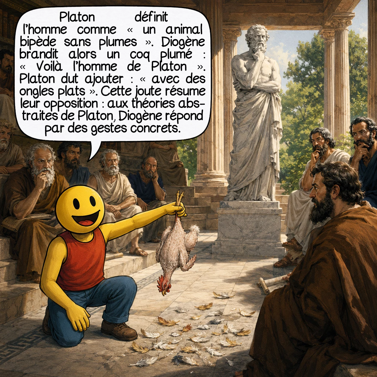 Diogène de Sinope, case 7 : Platon définit l’homme comme « un animal bipède sans plumes ». L’assemblée applaudit. Diogène revient le lendemain avec un coq qu’il a plumé, et le brandit en disant : « Voilà l’homme de Platon. » Platon dut ajouter à sa définition que l’homme avait « des ongles plats ». Cette joute illustre une opposition philosophique profonde : là où Platon bâtit des théories abstraites, Diogène répond par des gestes concrets.