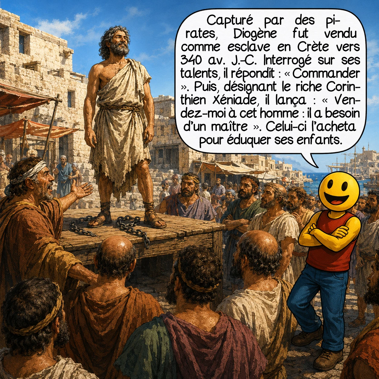 Diogène de Sinope, case 8 : Capturé par des pirates — nommés Scirpalos selon Diogène Laërce, Harpalus selon Cicéron —, Diogène fut vendu comme esclave en Crète vers 340 avant J.-C. Quand le crieur lui demanda ce qu’il savait faire, il répondit : « Commander. » Puis il cria à la foule : « Vendez-moi à cet homme — il a besoin d’un maître. » Xéniade, un riche Corinthien, l’acheta et en fit le précepteur de ses enfants.