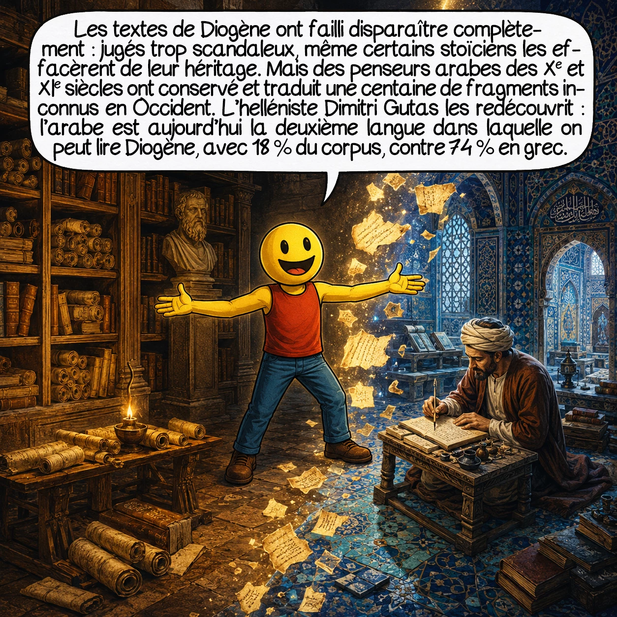 Diogène de Sinope, case 9 : Les textes de Diogène ont failli disparaître complètement — jugés trop scandaleux, même certains stoïciens les effacèrent de leur héritage. Mais des penseurs arabes des Xe et XIe siècles ont conservé et traduit une centaine de fragments inconnus en Occident. L’helléniste Dimitri Gutas les redécouvrit : l’arabe est aujourd’hui la deuxième langue dans laquelle on peut lire Diogène, avec 18 % du corpus — contre 74 % en grec et 8 % en latin.