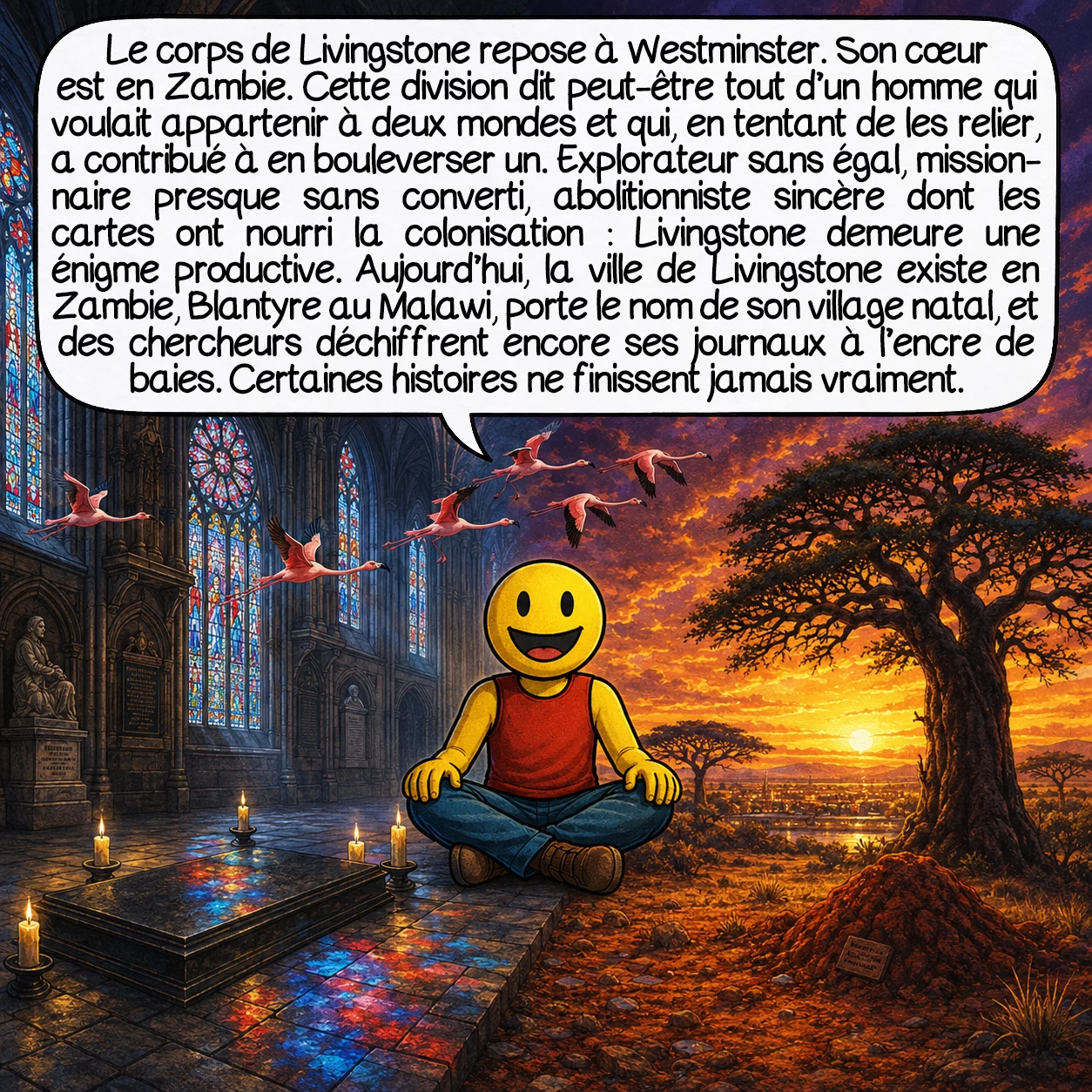 David Livingstone, case 10 : Le corps de Livingstone repose à Westminster. Son cœur est en Zambie. Cette division dit peut-être tout d’un homme qui voulait appartenir à deux mondes et qui, en tentant de les relier, a contribué à en bouleverser un. Explorateur sans égal, missionnaire presque sans converti, abolitionniste sincère dont les cartes ont nourri la colonisation — Livingstone demeure une énigme productive. Aujourd’hui, la ville de Livingstone existe en Zambie, Blantyre au Malawi, porte le nom de son village natal, et des chercheurs déchiffrent encore ses journaux à l’encre de baies. Certaines histoires ne finissent jamais vraiment.