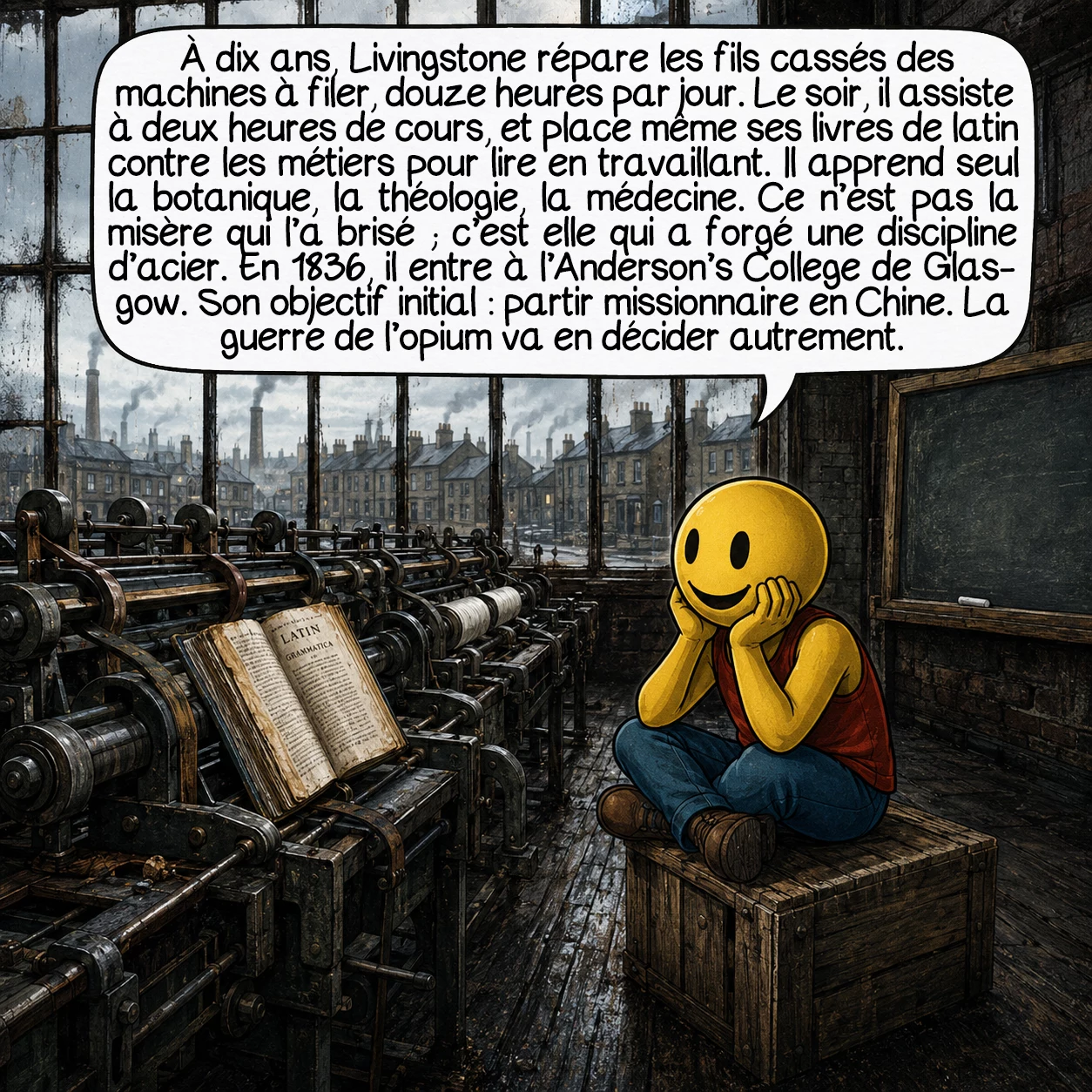 David Livingstone, case 2 : À dix ans, Livingstone répare les fils cassés des machines à filer, douze heures par jour. Le soir, il assiste à deux heures de cours, et place même ses livres de latin contre les métiers pour lire en travaillant. Il apprend seul la botanique, la théologie, la médecine. Ce n’est pas la misère qui l’a brisé — c’est elle qui a forgé une discipline d’acier. En 1836, il entre à l’Anderson’s College de Glasgow. Son objectif initial : partir missionnaire en Chine. La guerre de l’opium va en décider autrement.