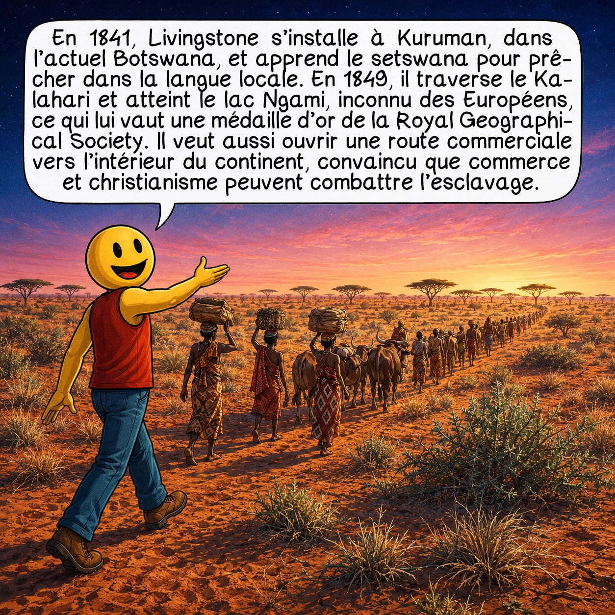 David Livingstone, case 3 : En 1841, Livingstone débarque au Cap et s’installe à Kuruman, dans le Bechuanaland — actuel Botswana. Sa méthode est unique : il apprend le setswana, la langue locale, pour prêcher directement dans leur langue maternelle. En 1849, il traverse le désert du Kalahari et atteint le lac Ngami, inconnu des Européens. La Royal Geographical Society lui décerne sa première médaille d’or. Mais Livingstone ne s’arrête pas : il veut une route commerciale depuis la côte vers l’intérieur du continent, convaincus que commerce et christianisme marchent ensemble pour mettre fin à l’esclavage.
