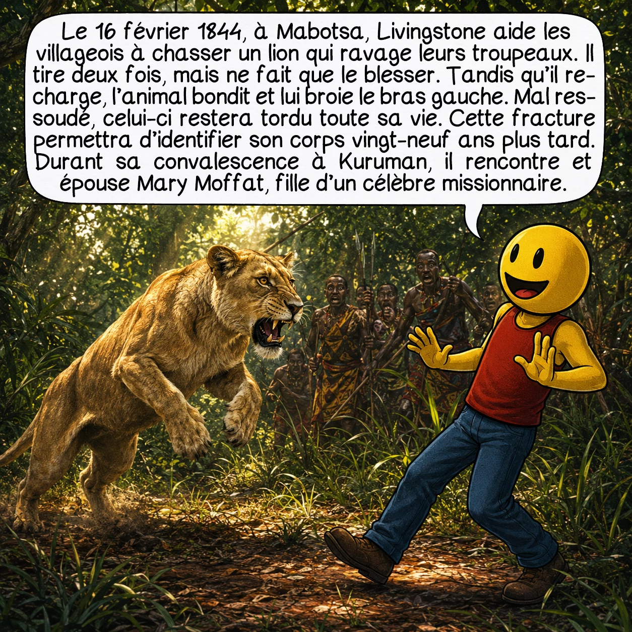 David Livingstone, case 4 : Le 16 février 1844, à Mabotsa, Livingstone aide les villageois à chasser un lion qui décime leurs troupeaux. Il tire ses deux coups, mais le lion n’est que blessé. Pendant qu’il recharge, la bête bondit et lui broie le bras gauche — onze marques de dents dans l’humérus fracassé. Le bras sera mal remis et restera tordu toute sa vie. Détail macabre : c’est précisément cette fracture caractéristique qui permettra d’identifier formellement son corps, vingt-neuf ans plus tard. Pendant sa convalescence à Kuruman, il rencontre et épouse Mary Moffat, fille du célèbre missionnaire.