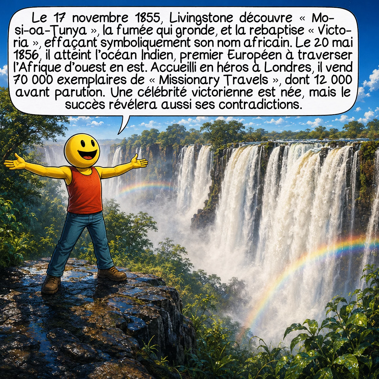 David Livingstone, case 5 : Le 17 novembre 1855, Livingstone aperçoit ce que les peuples locaux appellent « Mosi-oa-Tunya » — la fumée qui gronde. Il la rebaptise « Victoria », en l’honneur de la reine, effaçant symboliquement le nom africain qu’elle porte depuis des siècles. Le 20 mai 1856, il atteint l’océan Indien : il est le premier Européen à traverser l’Afrique d’ouest en est. Rentré en héros à Londres, son livre « Missionary Travels » se vend à 70 000 exemplaires — dont 12 000 avant même sa parution. Une célébrité victorienne est née. Mais le succès va aussi révéler ses contradictions.