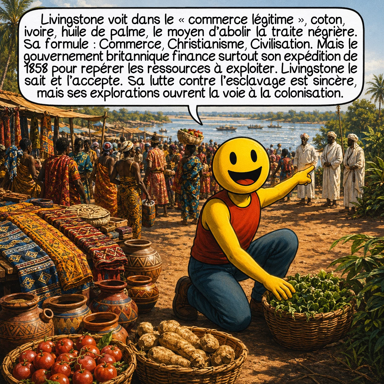 David Livingstone, case 6 : Livingstone voit dans le « commerce légitime » — coton, ivoire, huile de palme — l’arme pour tuer la traite négrière. Sa formule : trois C, Commerce, Christianisme, Civilisation. Mais le gouvernement britannique qui finance son expédition de 1858 a d’autres priorités : cartographier les ressources minérales et agricoles pour les exploiter. Livingstone en est conscient et s’en accommode, ce qui fait de lui, selon ses propres biographes, « le symbole d’une agressivité conquérante préfigurant l’impérialisme ». Sa lutte contre l’esclavage est sincère — mais ses explorations ont ouvert la voie à la colonisation qu’il prétendait combattre.