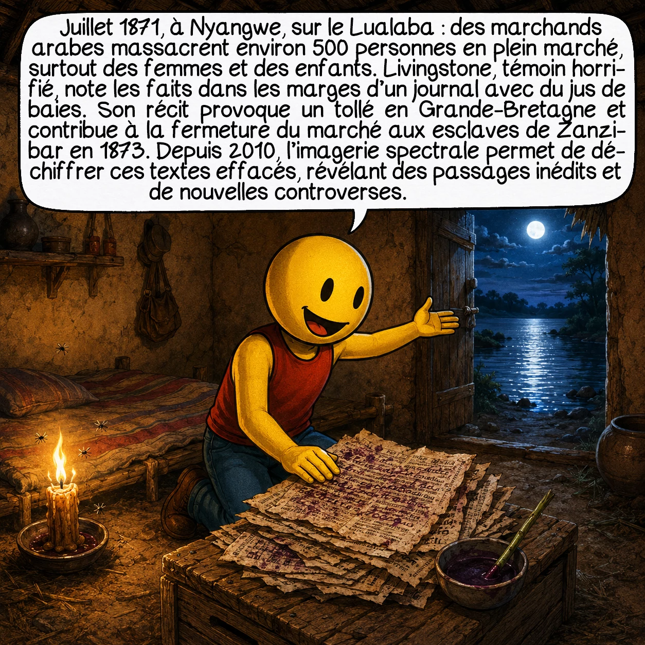 David Livingstone, case 7 : Juillet 1871, village de Nyangwe sur le fleuve Lualaba : des marchands arabes massacrent environ 500 personnes en plein marché, principalement des femmes et des enfants. Livingstone est témoin, horrifié. Il n’a plus ni papier ni encre — il consigne l’horreur sur les marges d’un journal imprimé, avec du jus de baies sauvages. Ce témoignage déclenche un tollé en Grande-Bretagne et contribue directement à la fermeture du marché aux esclaves de Zanzibar en 1873. Depuis 2010, des chercheurs utilisent une technique d’imagerie spectrale issue de la NASA pour déchiffrer ces textes décolorés — révélant des passages inédits et soulevant de nouvelles controverses.