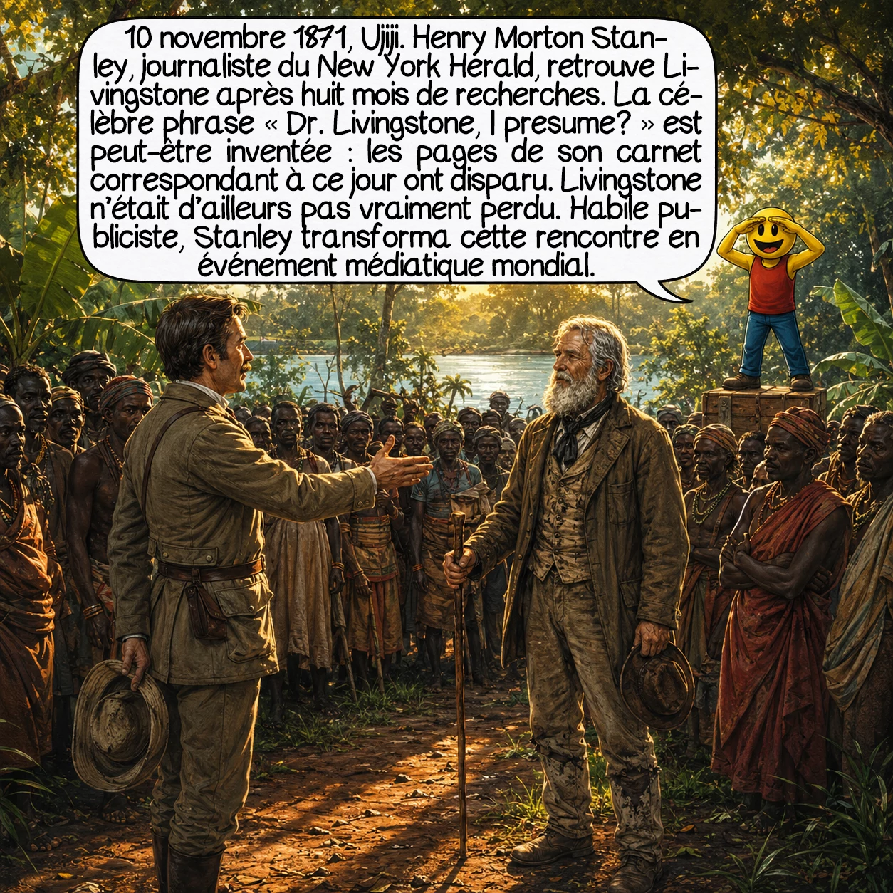 David Livingstone, case 8 : 10 novembre 1871, Ujiji. Henry Morton Stanley, journaliste financé par le New York Herald, retrouve Livingstone après huit mois de recherche dans une Afrique dont il ne disposait d’aucune carte. La fameuse réplique « Dr. Livingstone, I presume? » est peut-être une invention : les pages du carnet de Stanley correspondant à ce jour précis ont été mystérieusement arrachées. En réalité, Livingstone n’était pas vraiment « perdu » — plusieurs personnes savaient où il se trouvait. Stanley, brillant publiciste, a fabriqué l’un des premiers événements médiatiques de masse de l’histoire.
