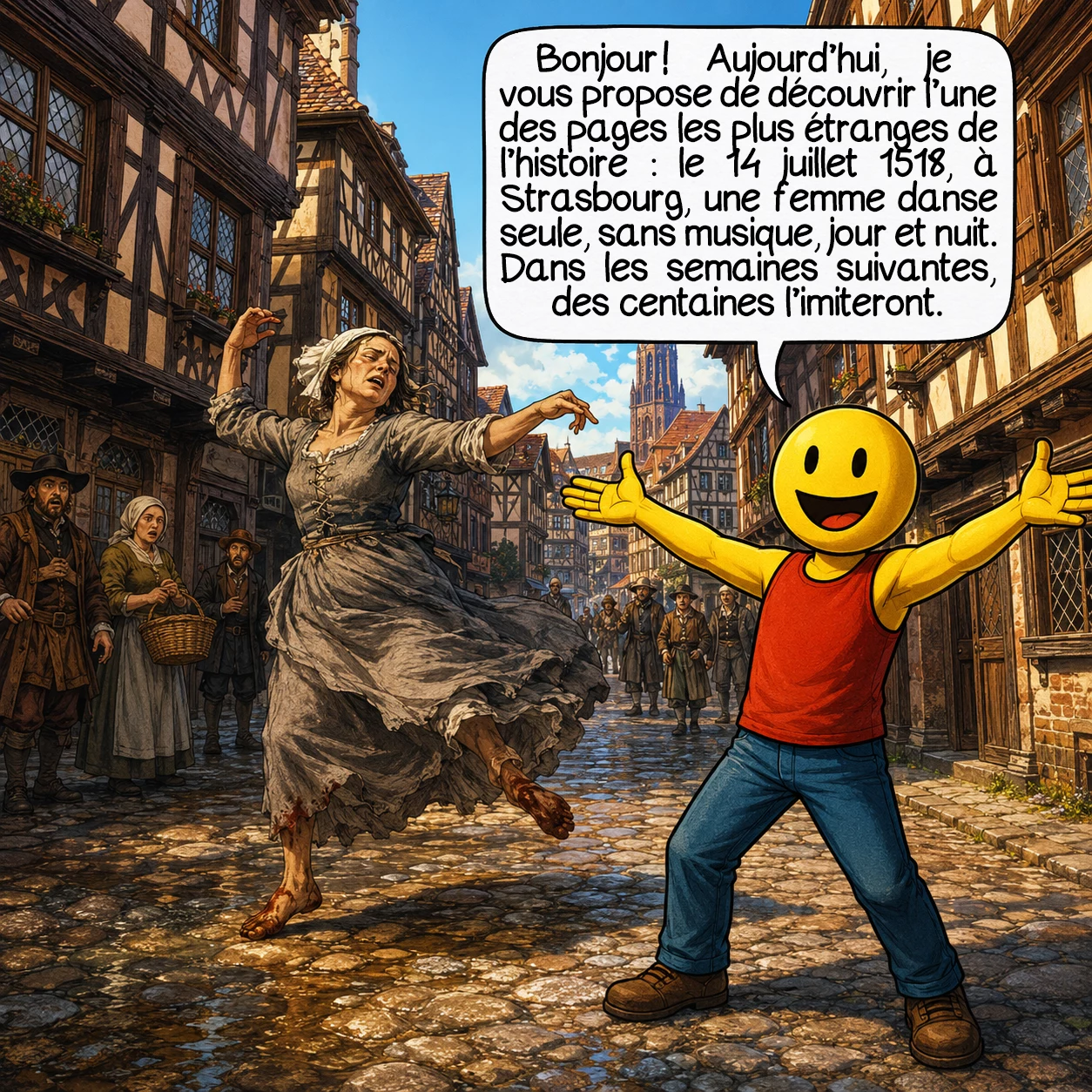 L’épidémie dansante de 1518, case 1 : Bonjour ! Aujourd’hui, je vous propose de découvrir l’une des pages les plus étranges de l’histoire : le 14 juillet 1518, à Strasbourg, une femme sort de chez elle et commence à danser, seule, sans musique. Elle ne s’arrêtera pas de la journée — ni de la nuit. Dans les semaines qui suivront, des centaines de personnes feront de même.