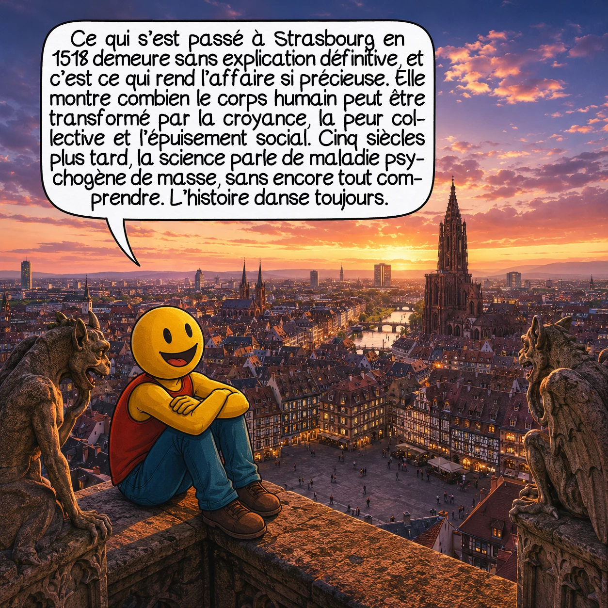 L’épidémie dansante de 1518, case 10 : Ce qui s’est passé à Strasbourg en 1518 reste sans explication définitive — et c’est précisément ce qui en fait un sujet si précieux. Il révèle que le corps humain peut être profondément transformé par la croyance, la peur collective et l’épuisement social. Cinq siècles plus tard, la science dispose d’un nom — maladie psychogène de masse — mais pas encore d’une compréhension complète. L’histoire danse toujours.