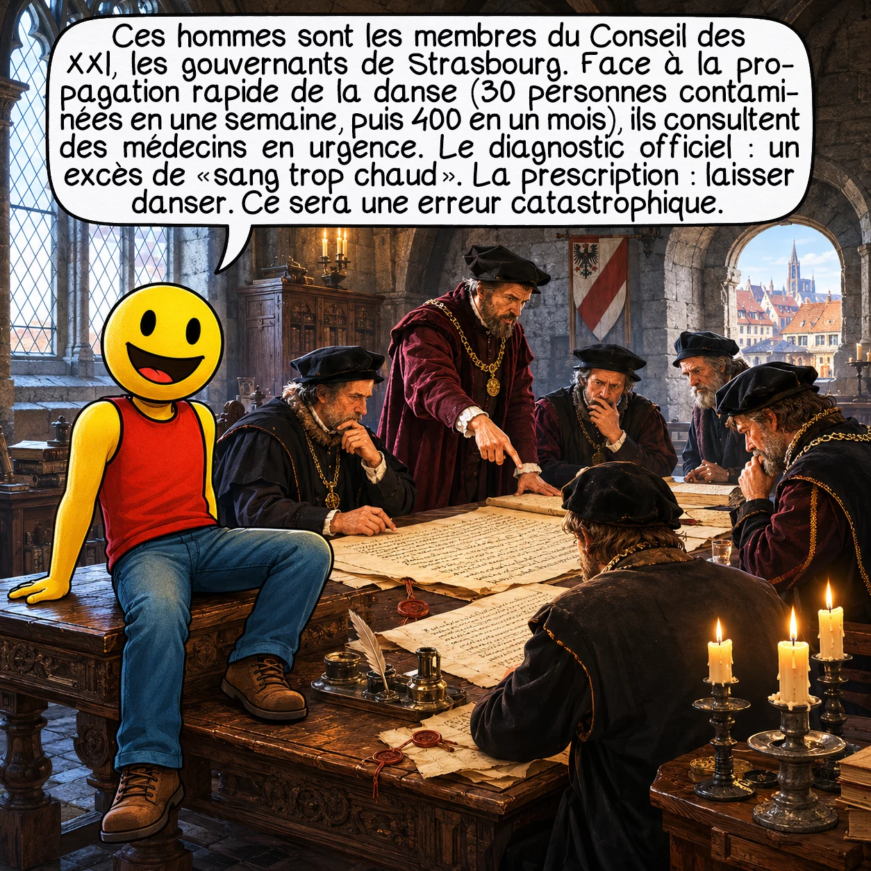 L’épidémie dansante de 1518, case 2 : Ces hommes sont les membres du Conseil des XXI, les gouvernants de Strasbourg. Face à la propagation rapide de la danse — 30 personnes contaminées en une semaine, puis 400 en un mois —, ils consultent des médecins en urgence. Le diagnostic officiel : un excès de « sang trop chaud ». La prescription : laisser danser. Ce sera une erreur catastrophique.