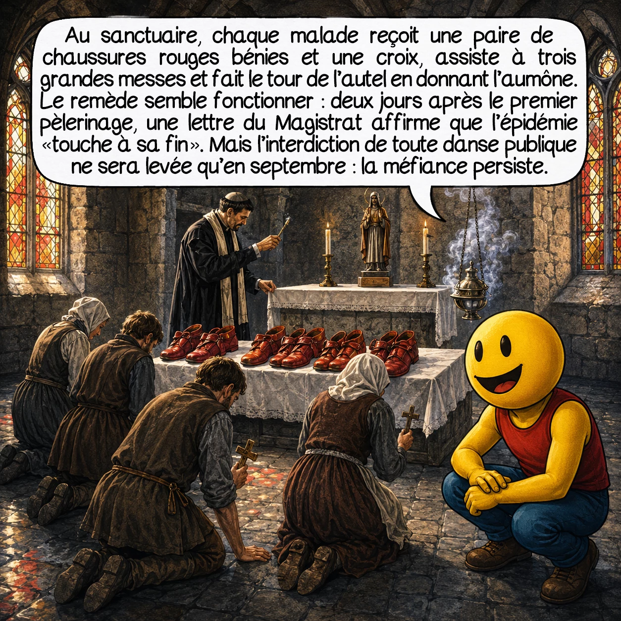 L’épidémie dansante de 1518, case 5 : Au sanctuaire, chaque malade reçoit une paire de chaussures rouges bénies et une petite croix, assiste à trois grandes messes et fait le tour de l’autel en donnant l’aumône. Incroyablement, le remède semble fonctionner : deux jours après le premier pèlerinage, une lettre du Magistrat affirme que l’épidémie « touche à sa fin ». Mais l’interdiction de toute danse publique ne sera levée qu’en septembre — la méfiance persiste.