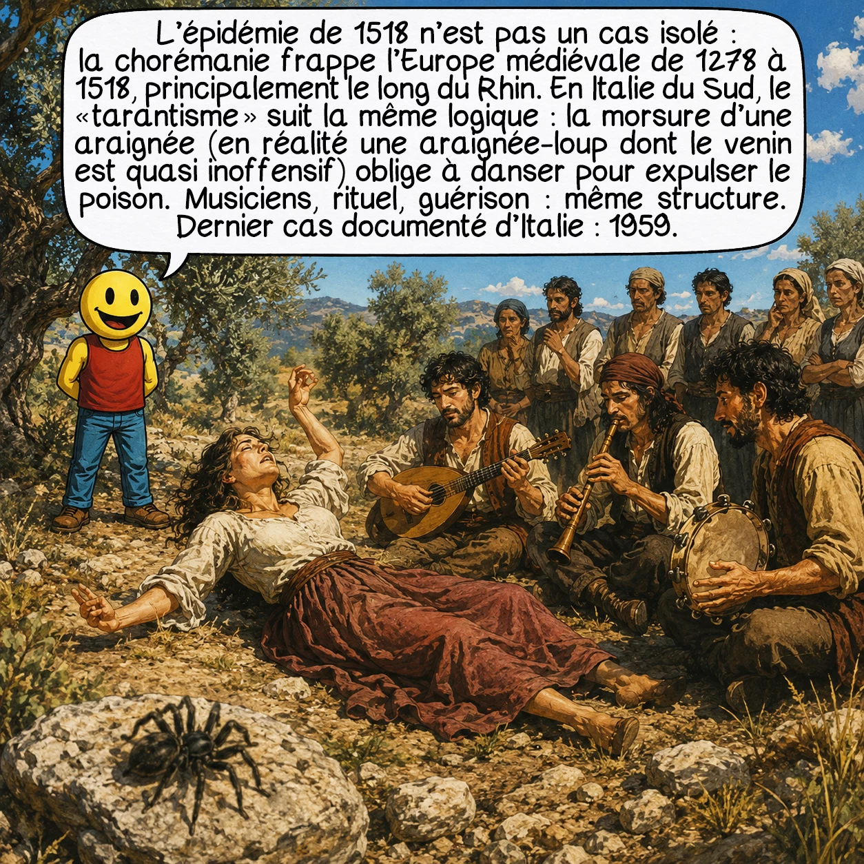 L’épidémie dansante de 1518, case 7 : L’épidémie de 1518 n’est pas un cas isolé : la chorémanie frappe l’Europe médiévale de 1278 à 1518, principalement le long du Rhin. En Italie du Sud, le « tarantisme » suit la même logique : la morsure d’une araignée — en réalité une araignée-loup dont le venin est quasi inoffensif — oblige à danser pour expulser le poison. Musiciens, rituel, guérison : même structure. Dernier cas documenté d’Italie : 1959.