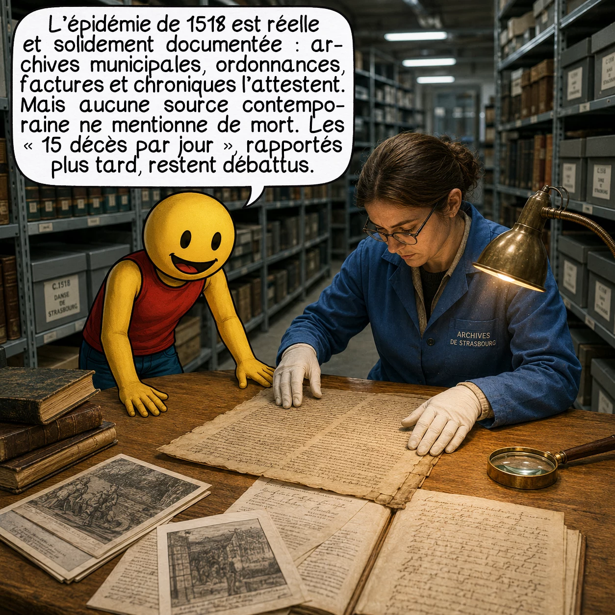 L’épidémie dansante de 1518, case 8 : La grande force de l’épidémie de 1518 : elle est réelle et documentée, pas légendaire. Les minutes du Conseil municipal, les ordonnances d’interdiction, les factures des musiciens et des pèlerinages, les chroniques de Sébastien Brant — tout est conservé aux archives de la ville de Strasbourg. En revanche, les sources contemporaines ne mentionnent aucun mort. Les « 15 décès par jour » viennent uniquement de chroniques rédigées après coup, et restent débattus.