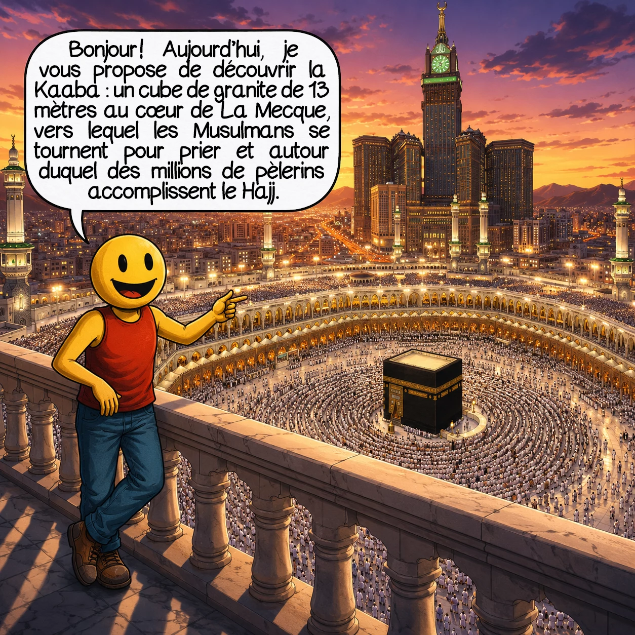 La Kaaba, case 1 : Bonjour ! Aujourd’hui, je vous propose de découvrir la Kaaba : un cube de granite de 13 mètres de haut au cœur de La Mecque, vers lequel 1,8 milliard de Muslmans se tournent cinq fois par jour pour prier. Chaque année, jusqu’à 2,5 millions de pèlerins en font le tour lors du Hajj — le plus grand rassemblement humain régulier de la planète. Mais ce bâtiment est bien plus vieux et plus complexe qu’il n’y paraît.